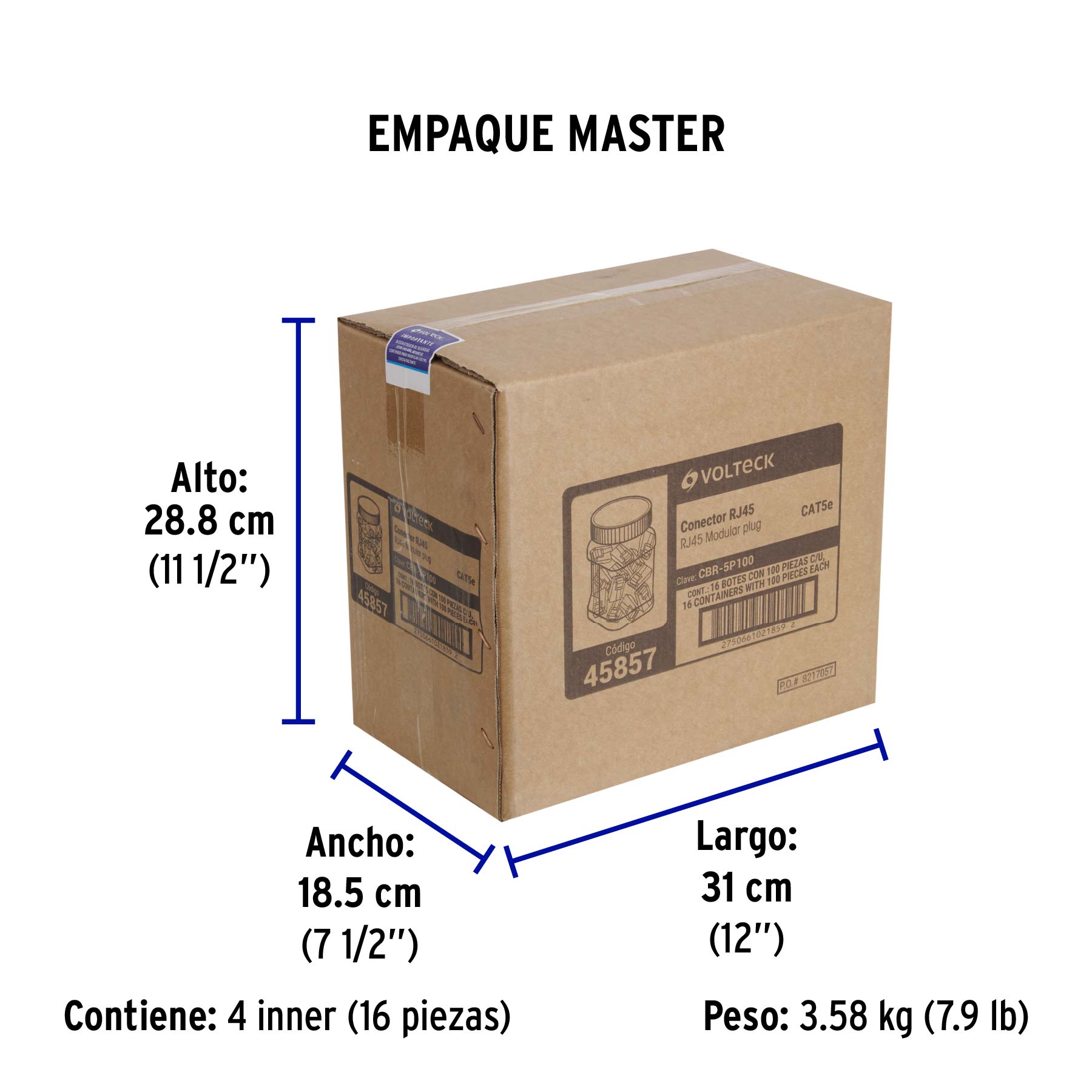 Plug RJ45 CAT5E, Bote con 100 piezas, VOLTECK - Empaque