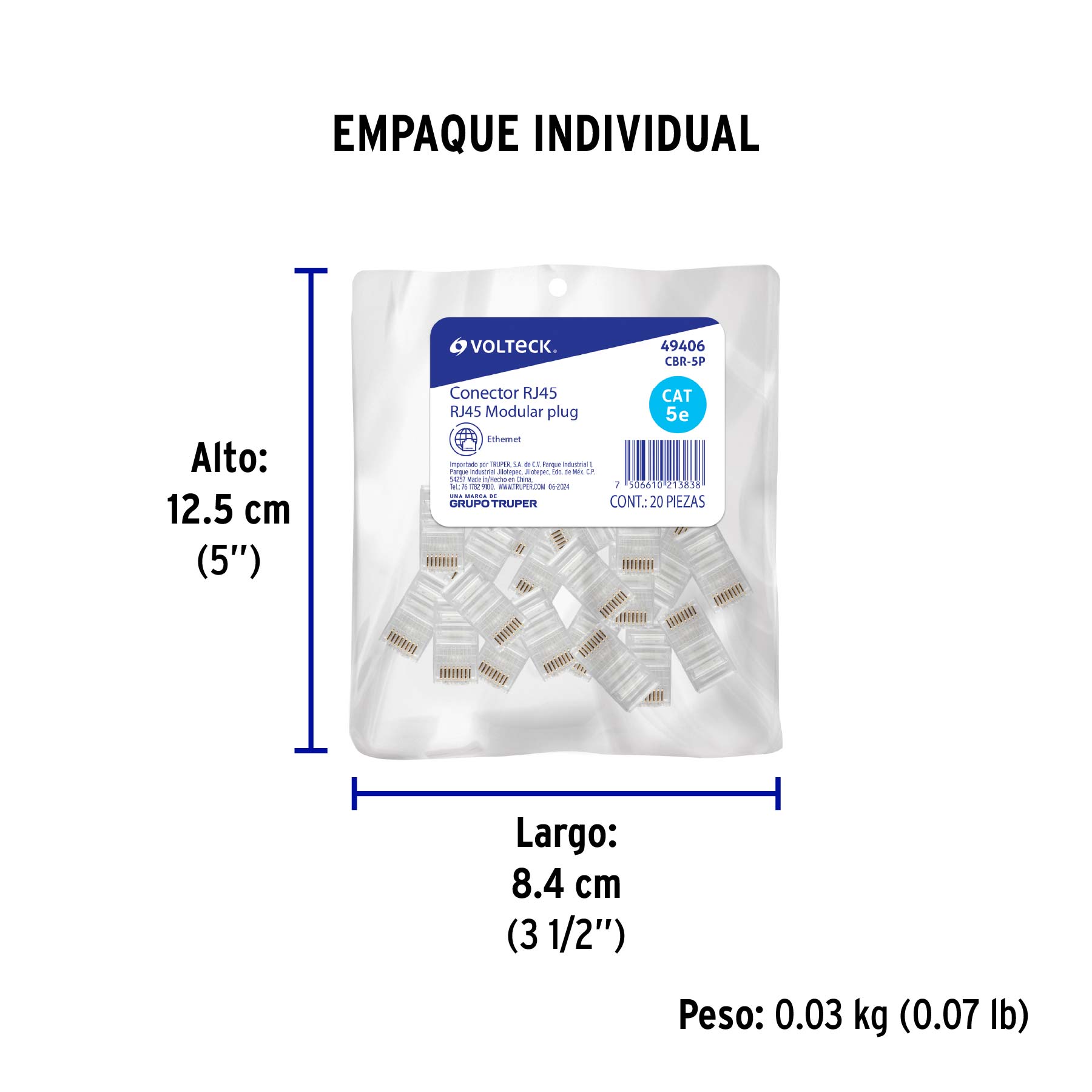 Plug RJ45 CAT5E, Bolsa con 20 piezas, VOLTECK - Empaque