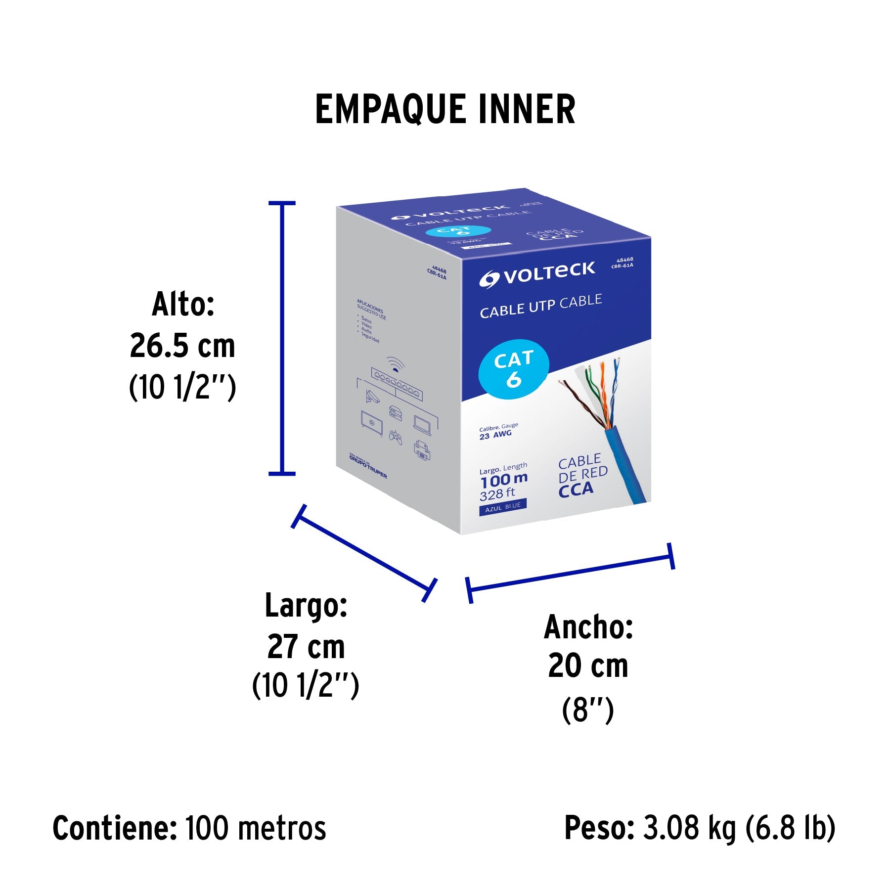 Metro de cable UTP CAT6, Bobina de 100m, azul, VOLTECK - Empaque