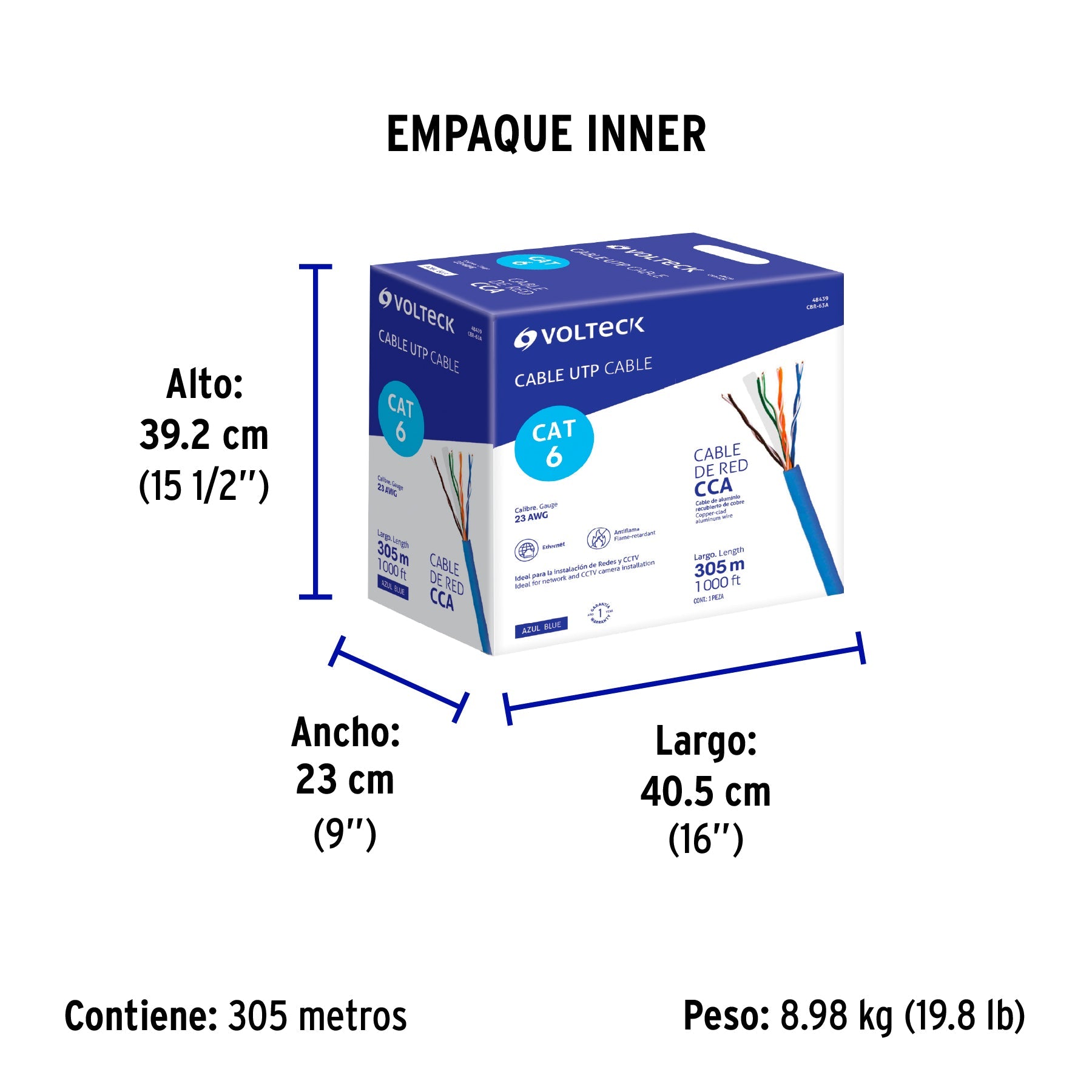 Metro de cable UTP CAT6, Bobina de 305m, azul, VOLTECK - Empaque