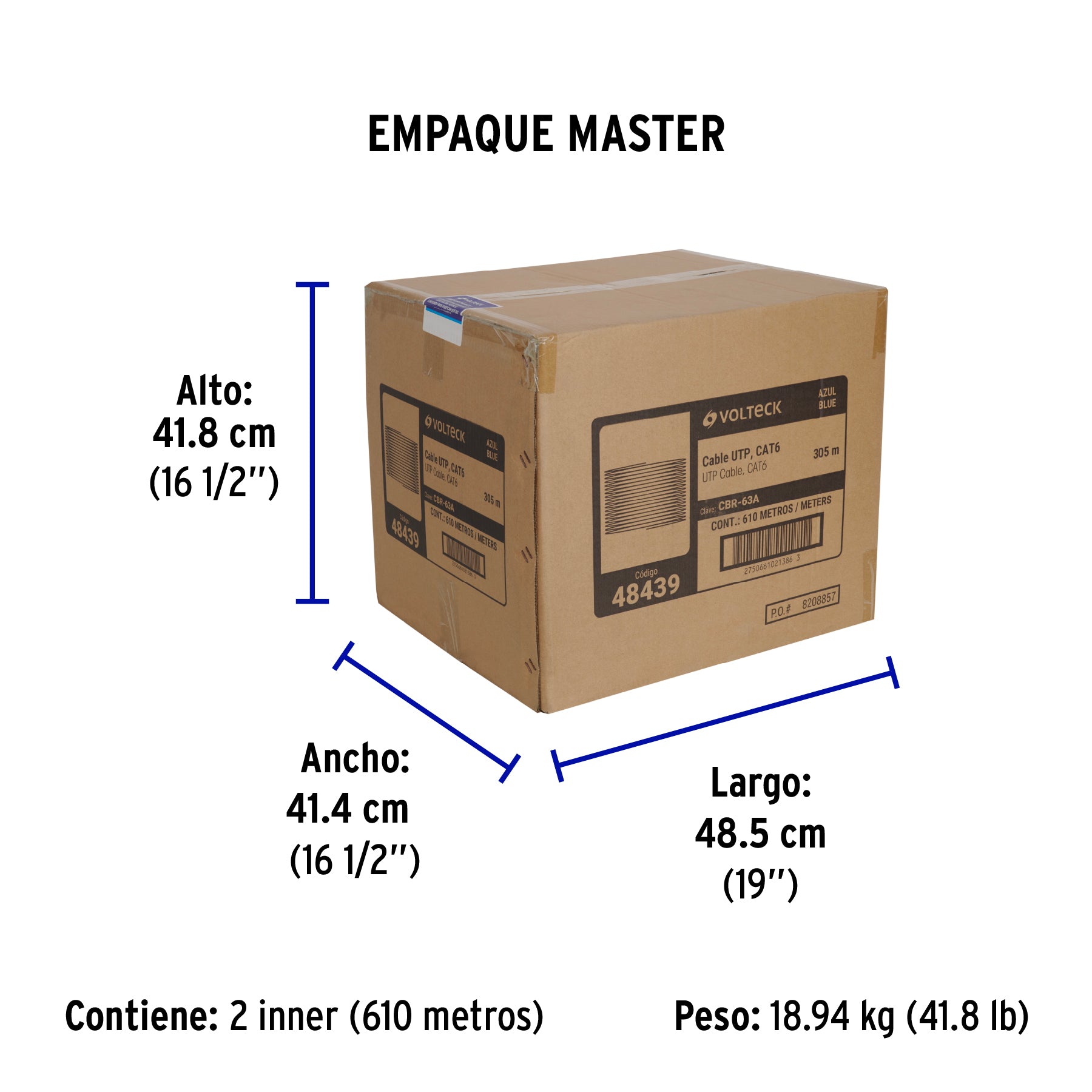 Metro de cable UTP CAT6, Bobina de 305m, azul, VOLTECK - Empaque