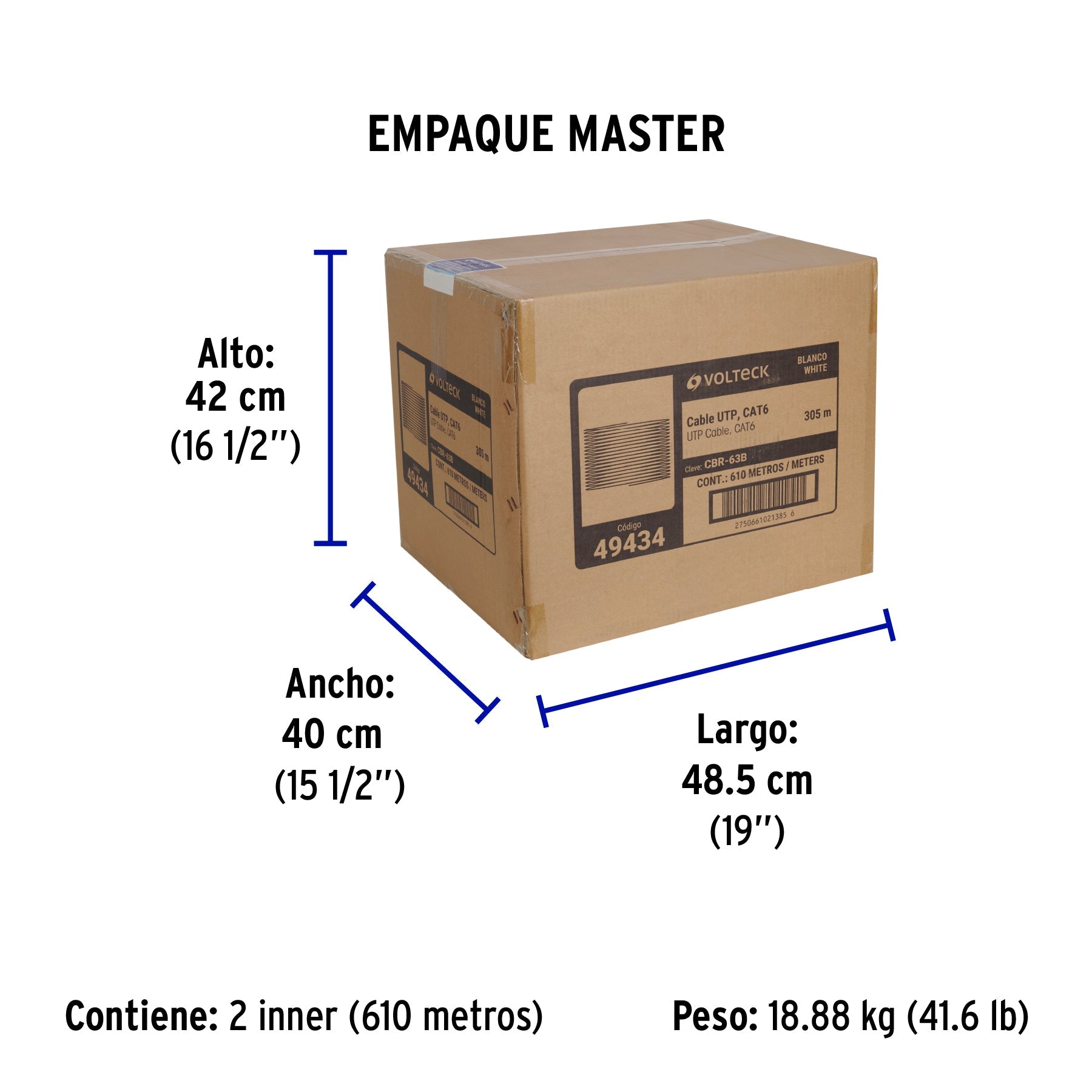 Metro de cable UTP CAT6, Bobina de 305m, blanco, VOLTECK - Empaque