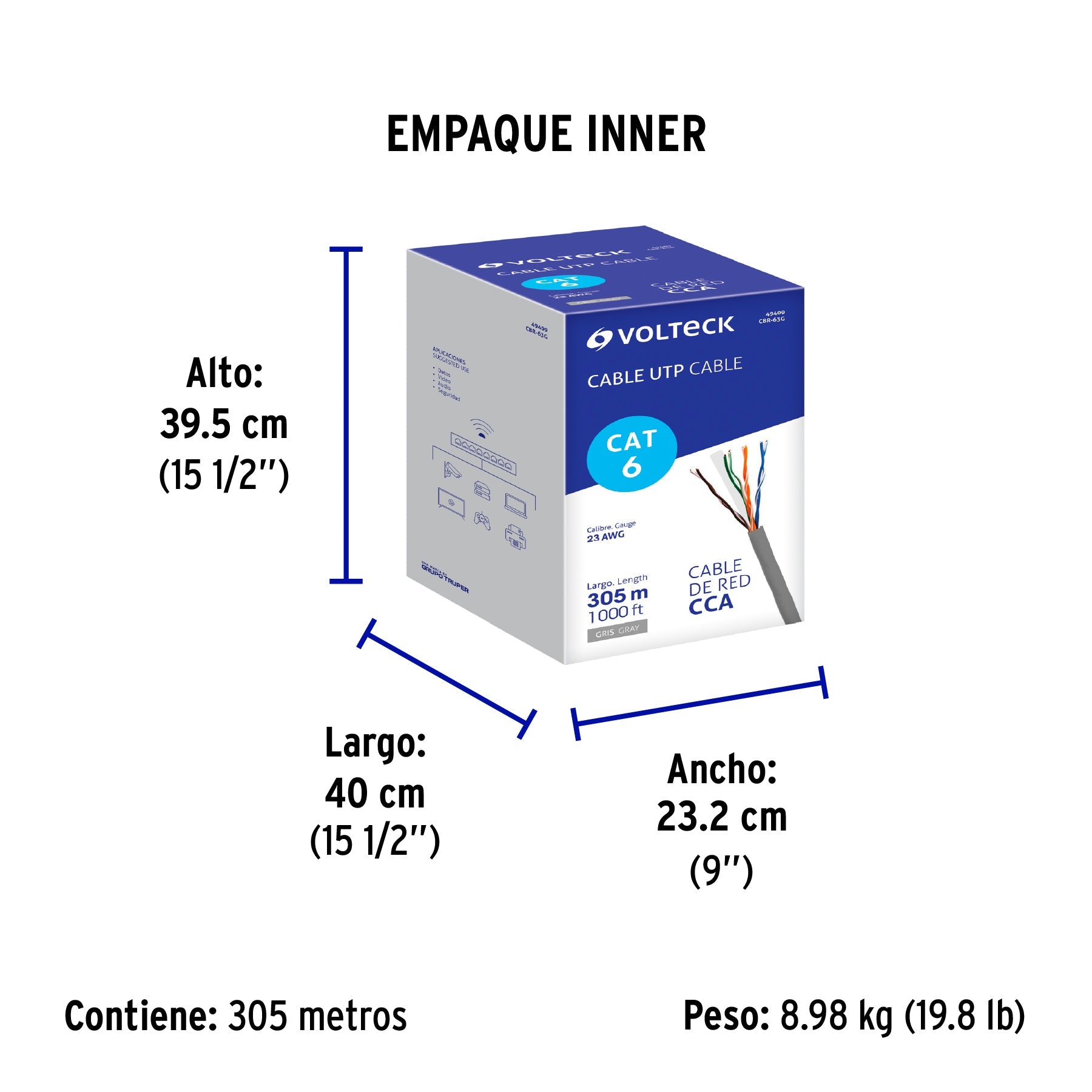 Metro de cable UTP CAT6, Bobina de 305m, gris, VOLTECK - Empaque