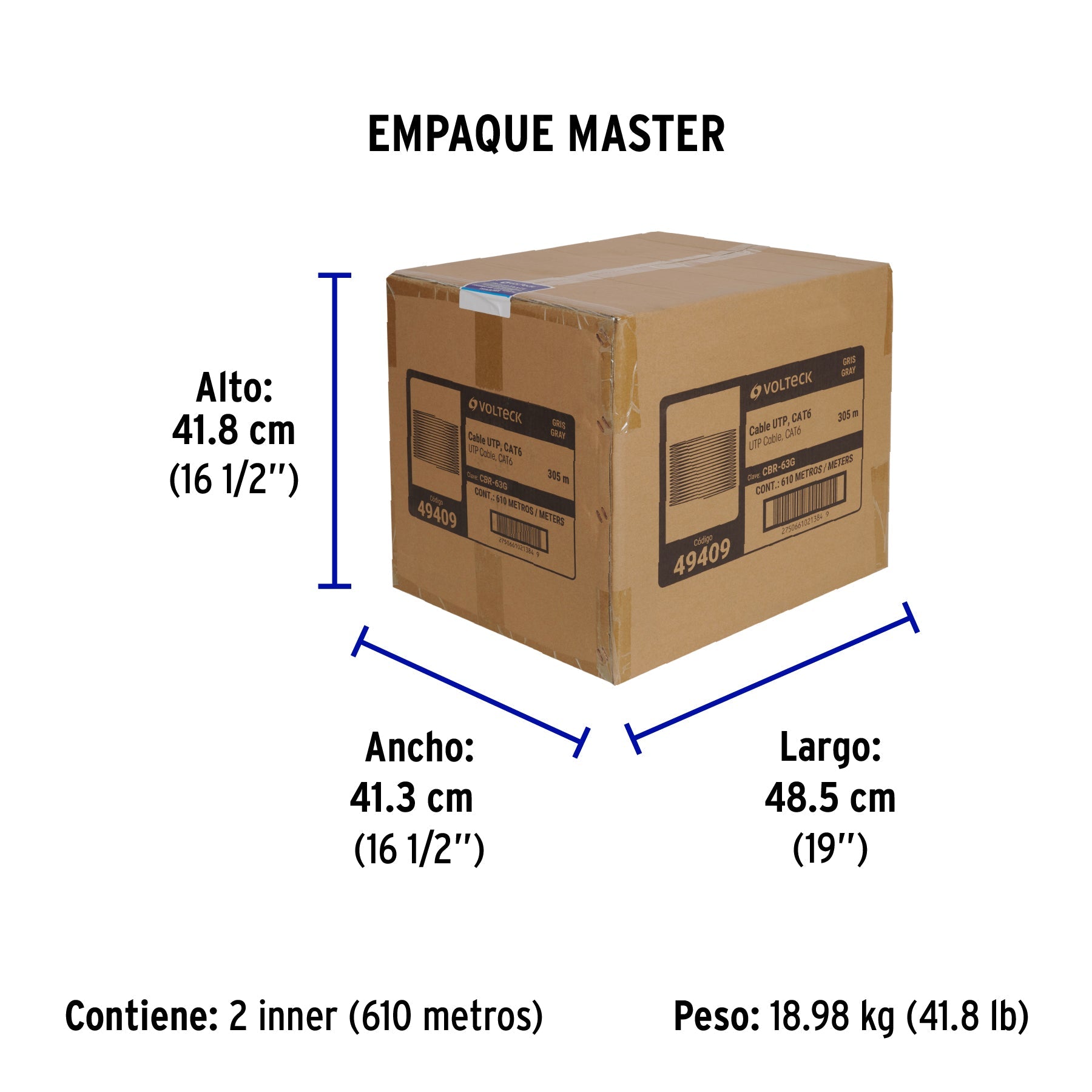 Metro de cable UTP CAT6, Bobina de 305m, gris, VOLTECK - Empaque