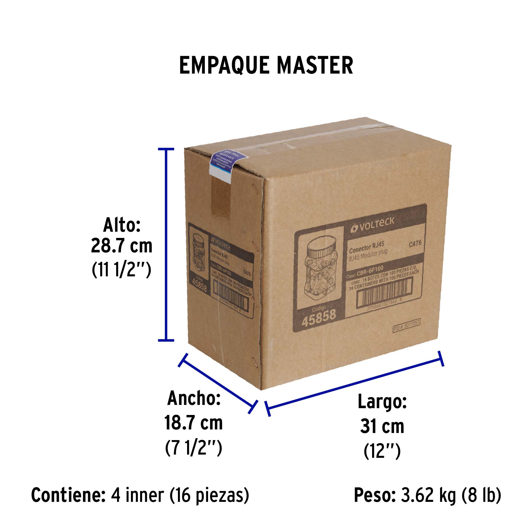 Plug RJ45 CAT6, Bote con 100 piezas, VOLTECK - Empaque