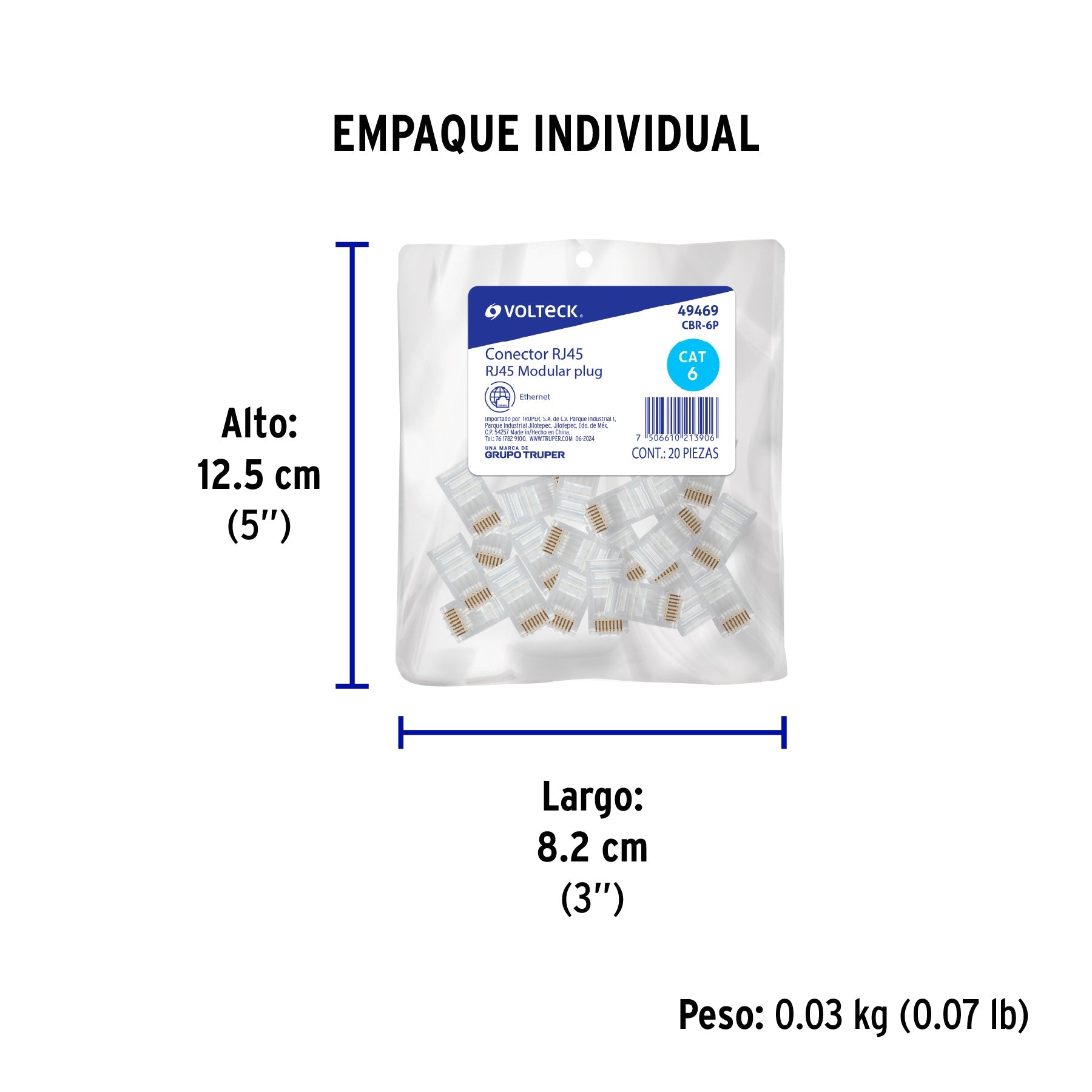 Plug RJ45 CAT6, Bolsa con 20 piezas, VOLTECK - Empaque