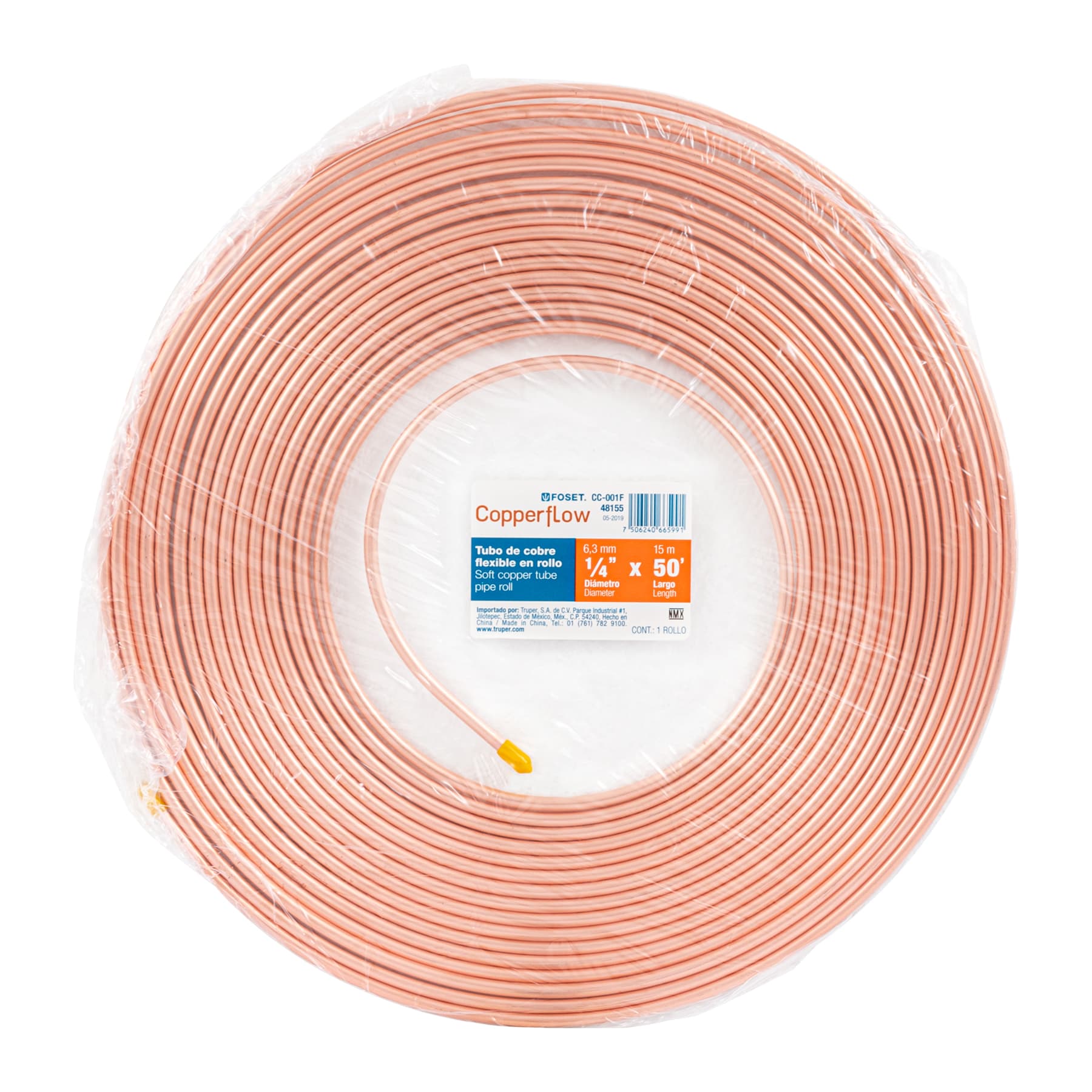 Tubo flexible de cobre 1/4", rollo de 15m, 1.7kg, FOSET