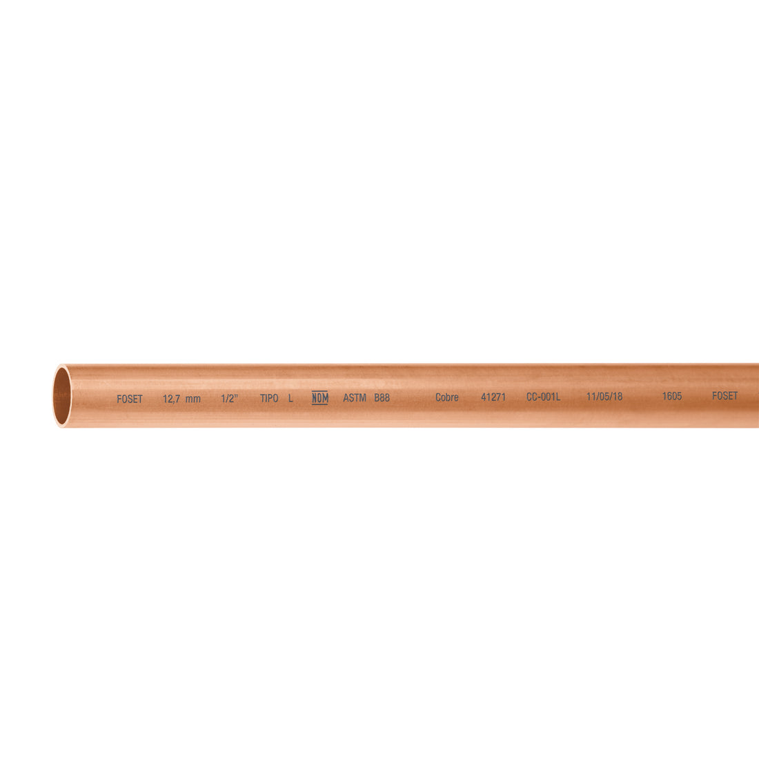 Tubo rígido de cobre 1/2" tipo "L", 3m, 1.2kg, FOSET