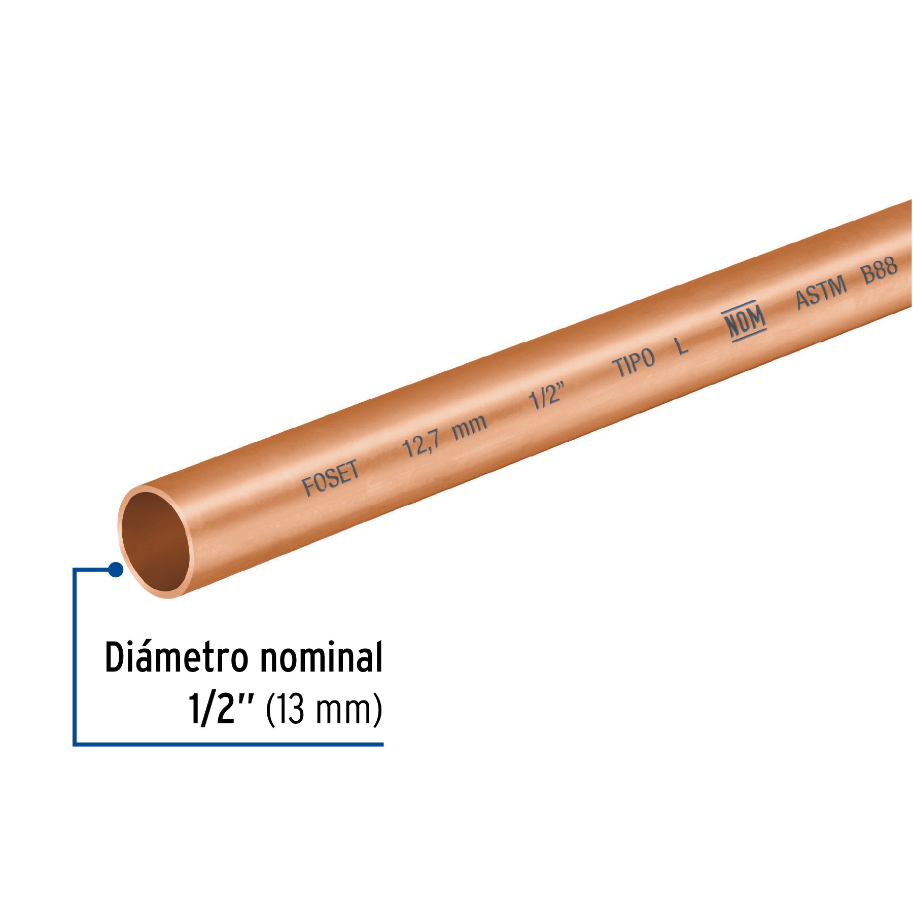 Tubo rígido de cobre 1/2" tipo "L", 3m, 1.2kg, FOSET