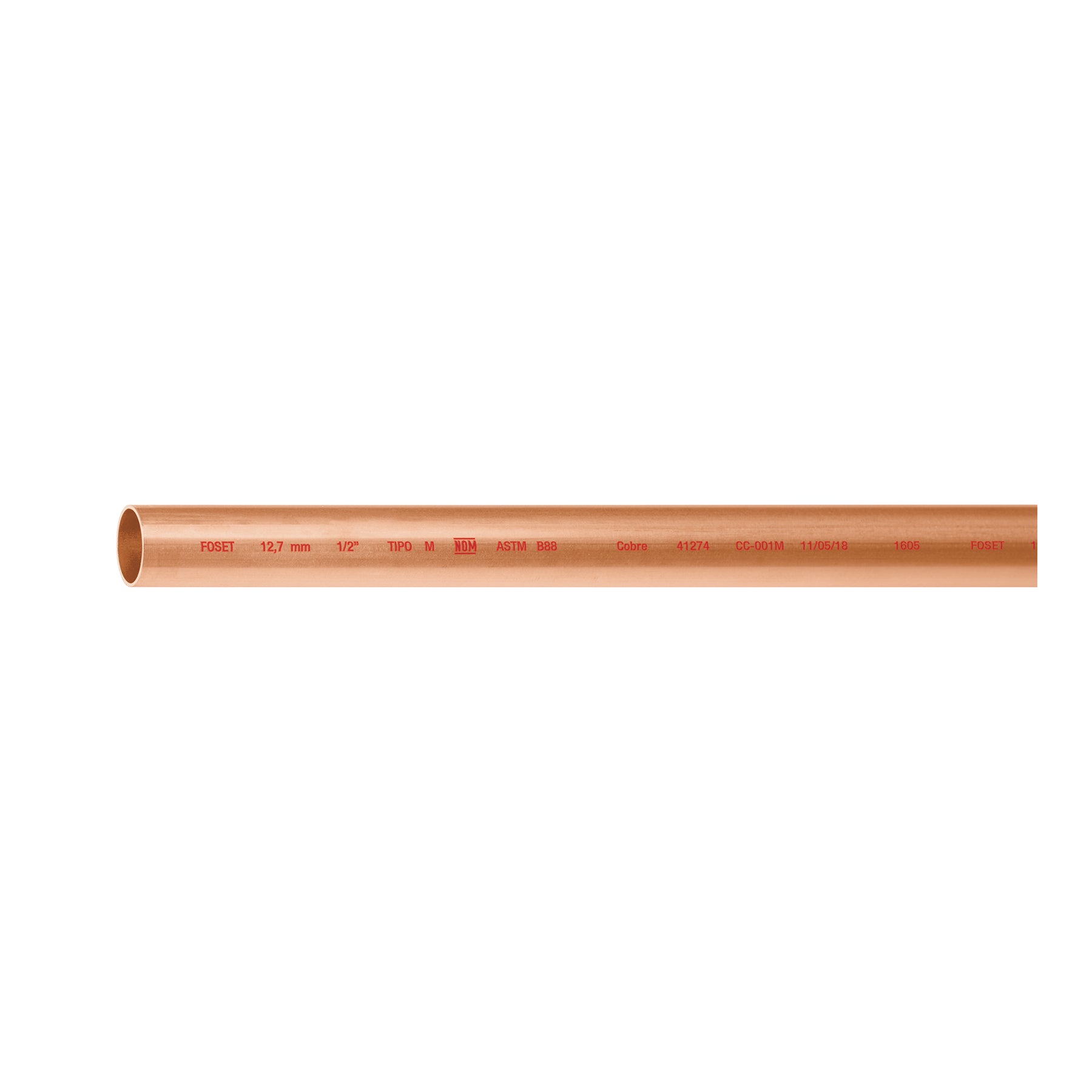 Tubo rígido de cobre 1/2" tipo "M", 3m, 0.9kg, FOSET