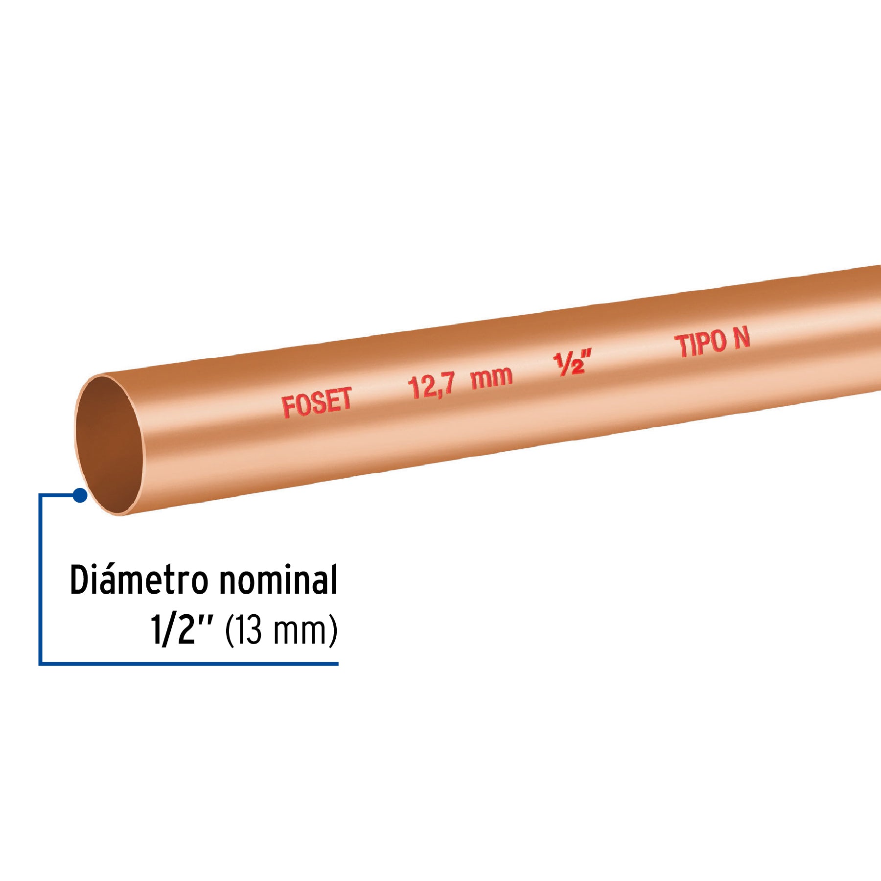 Tubo rígido de cobre 1/2" tipo "N", 3m, 0.5kg, FOSET