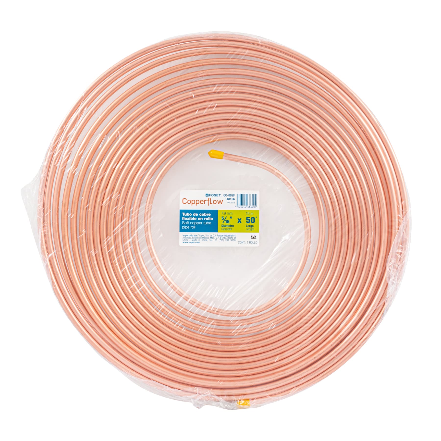 Tubo flexible de cobre 5/16", rollo de 15m, 2.3kg, FOSET