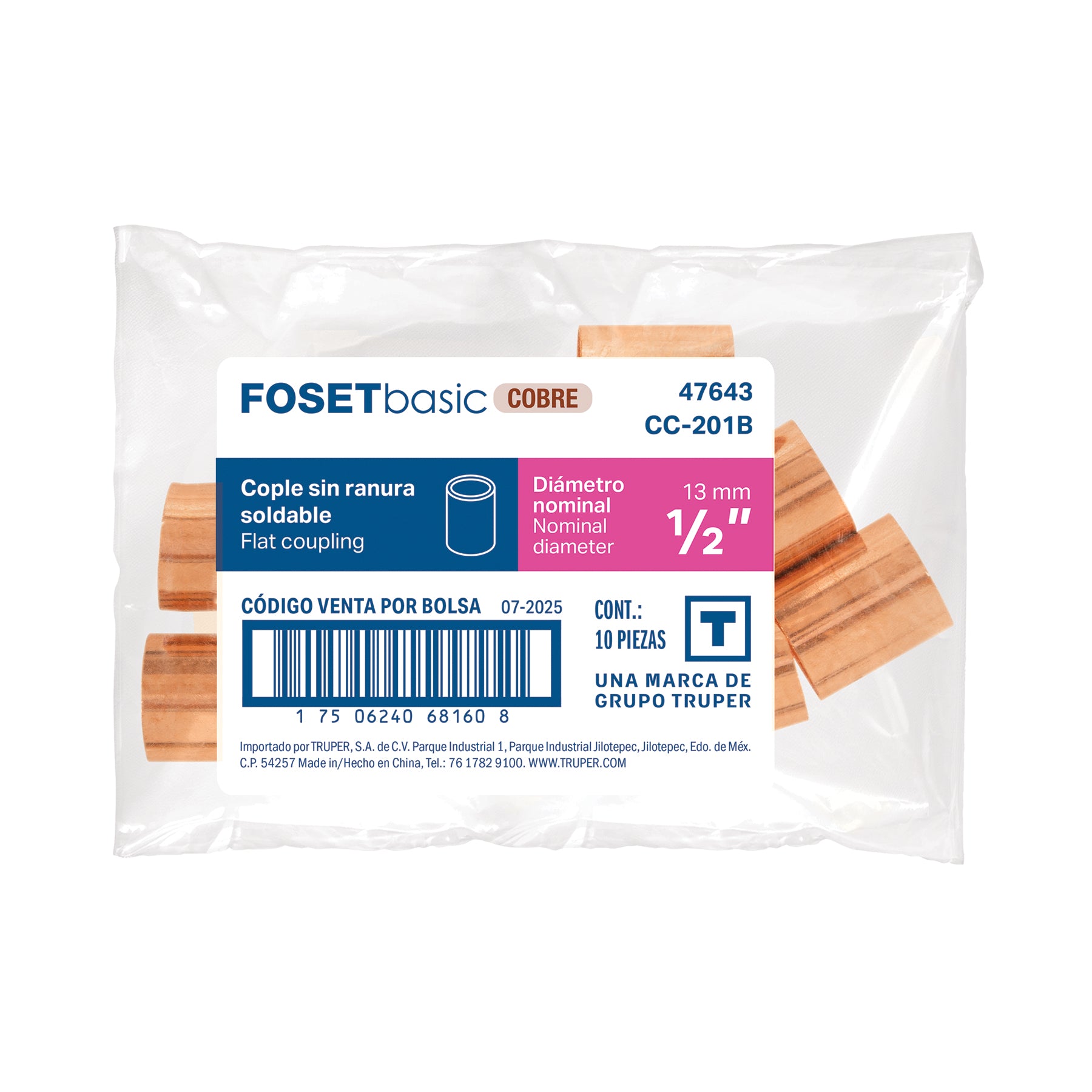 Cople de cobre 1/2", sin ranura, FOSET BASIC