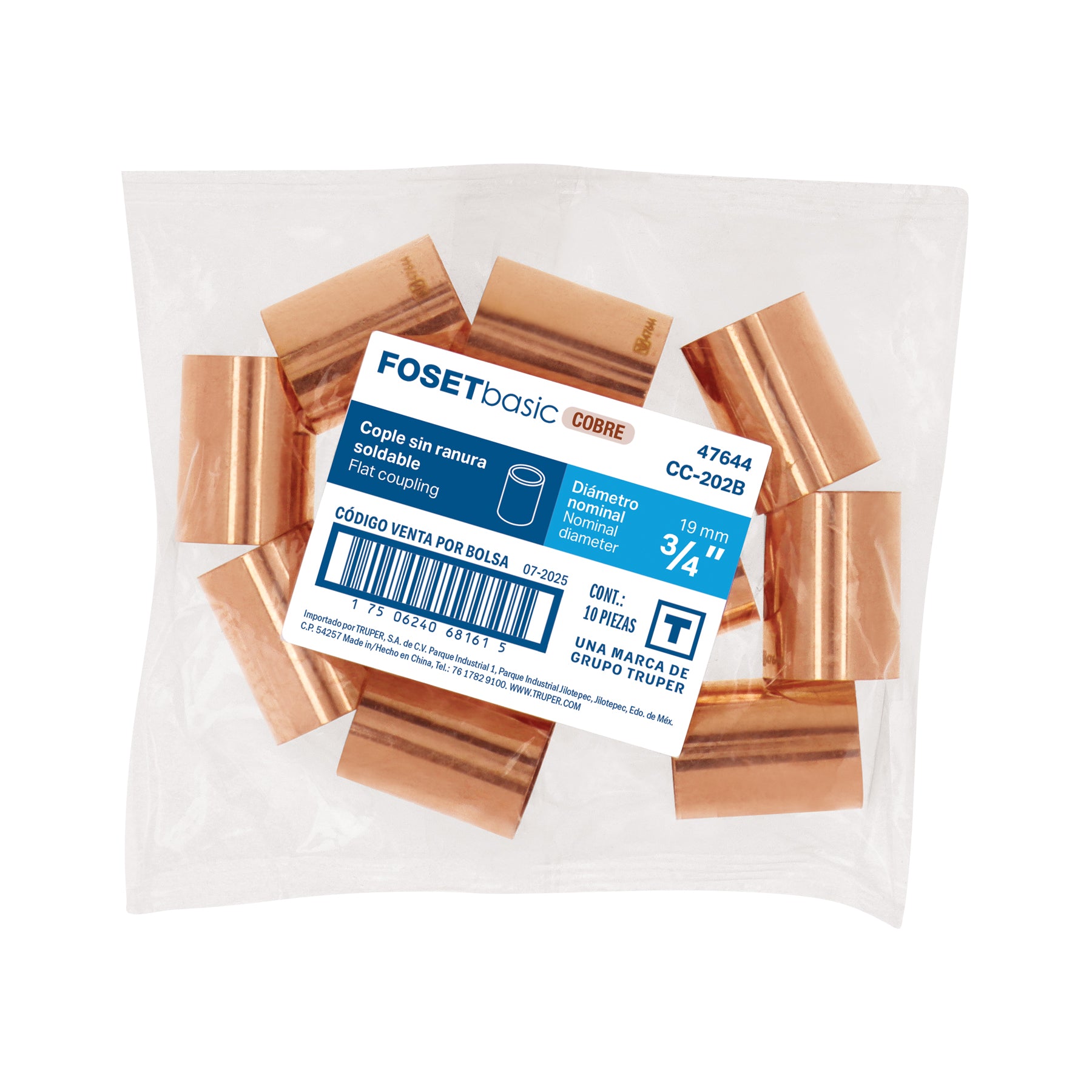 Cople de cobre 3/4", sin ranura, FOSET BASIC