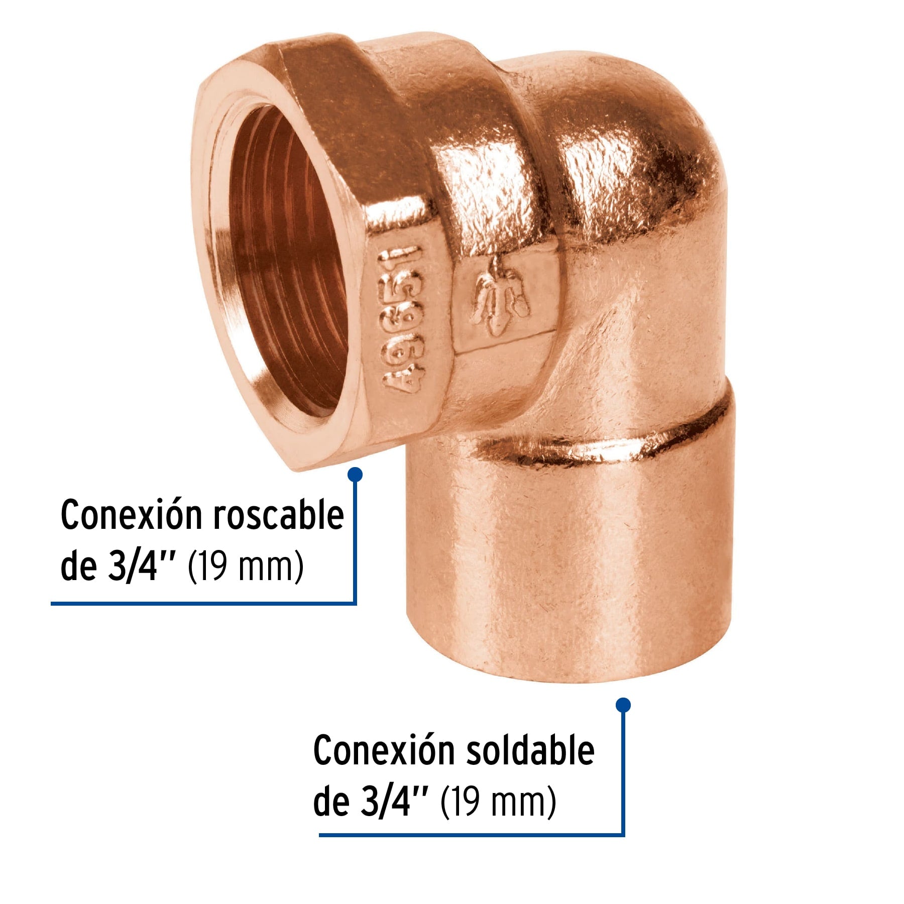 Codo 90° de cobre, rosca interior 3/4", FOSET