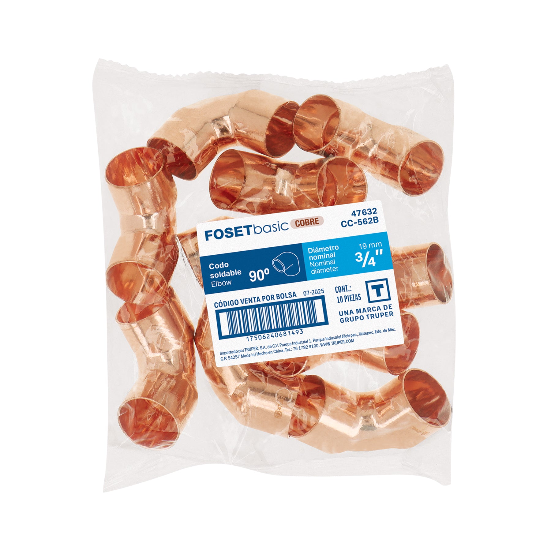 Codo 90° de cobre 3/4", FOSET BASIC