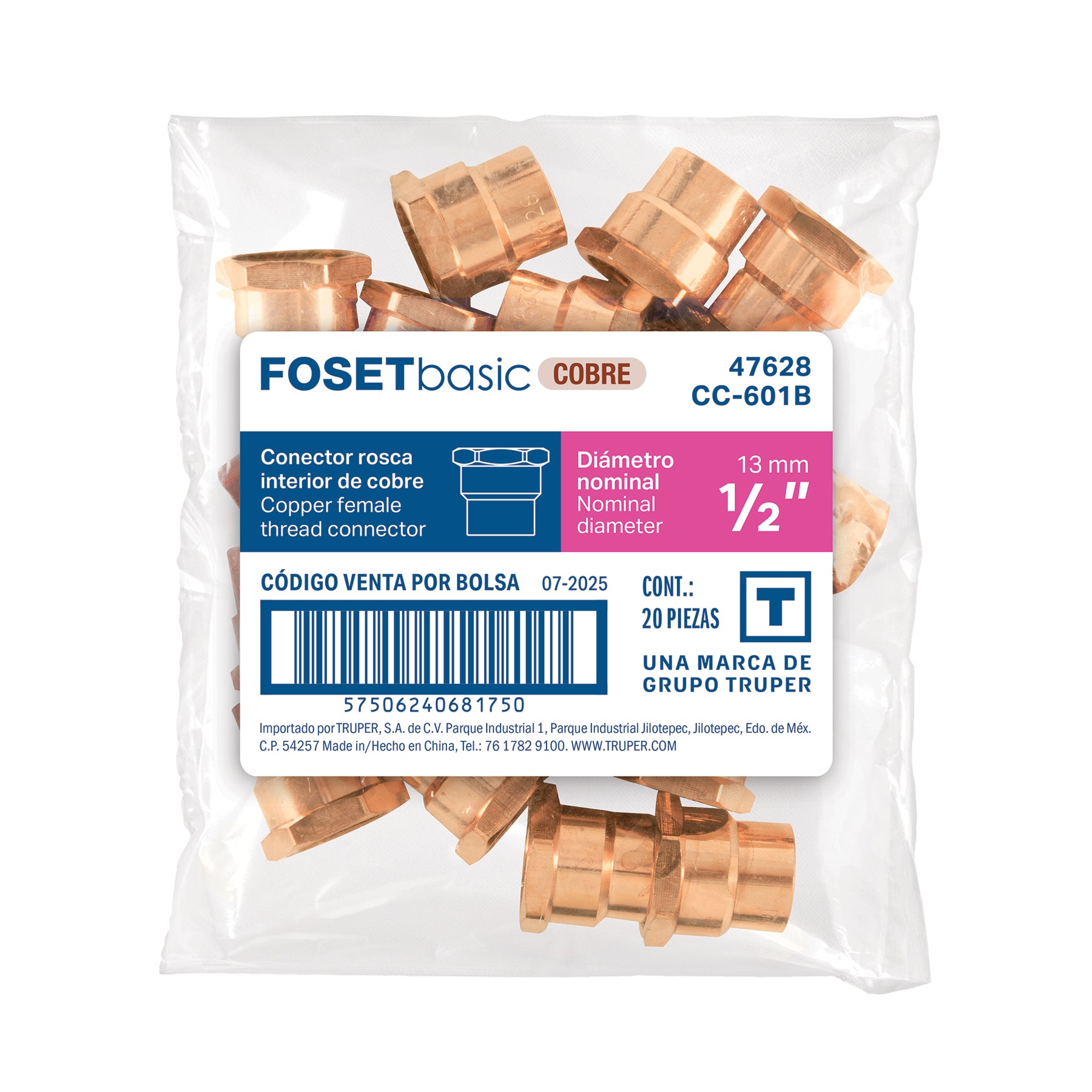 Conector de cobre de rosca interior 1/2", FOSET BASIC