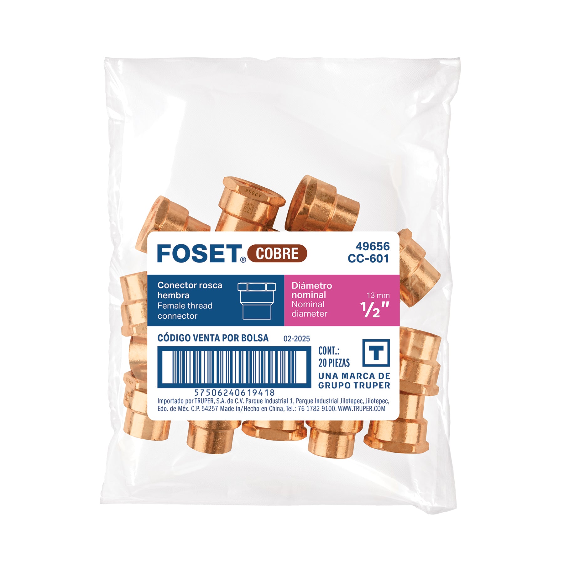 Conector de cobre, rosca interior 1/2", FOSET