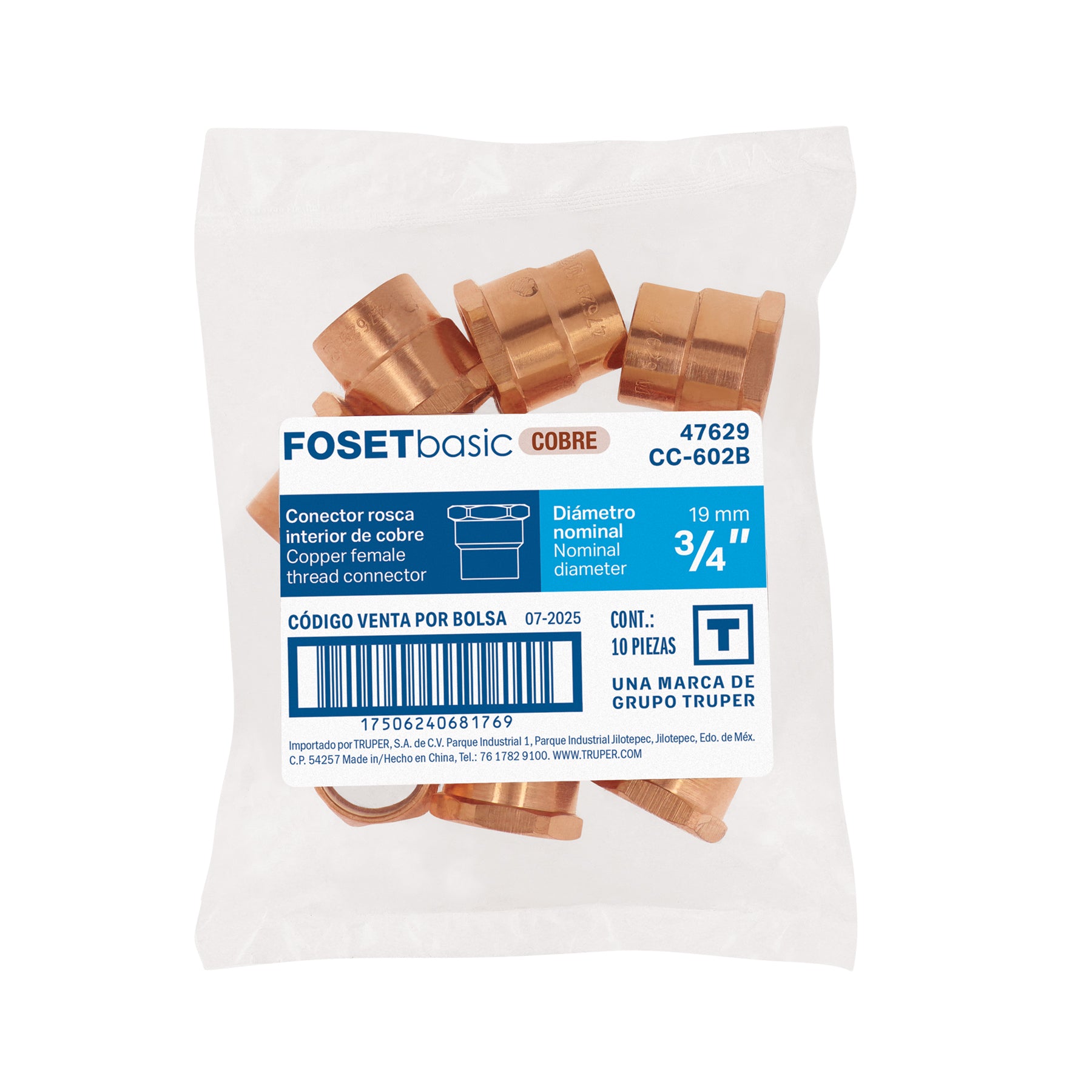 Conector de cobre de rosca interior 3/4", FOSET BASIC