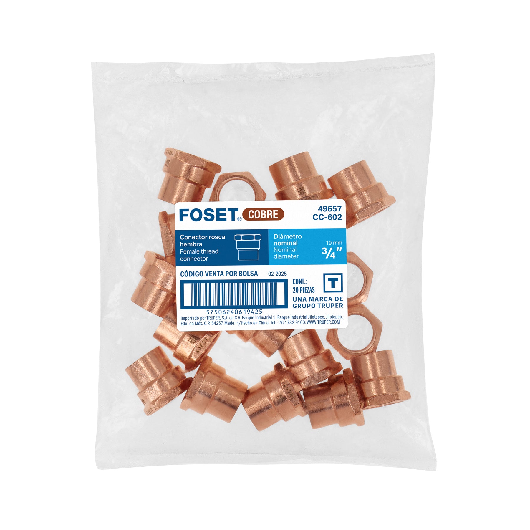Conector de cobre, rosca interior 3/4", FOSET