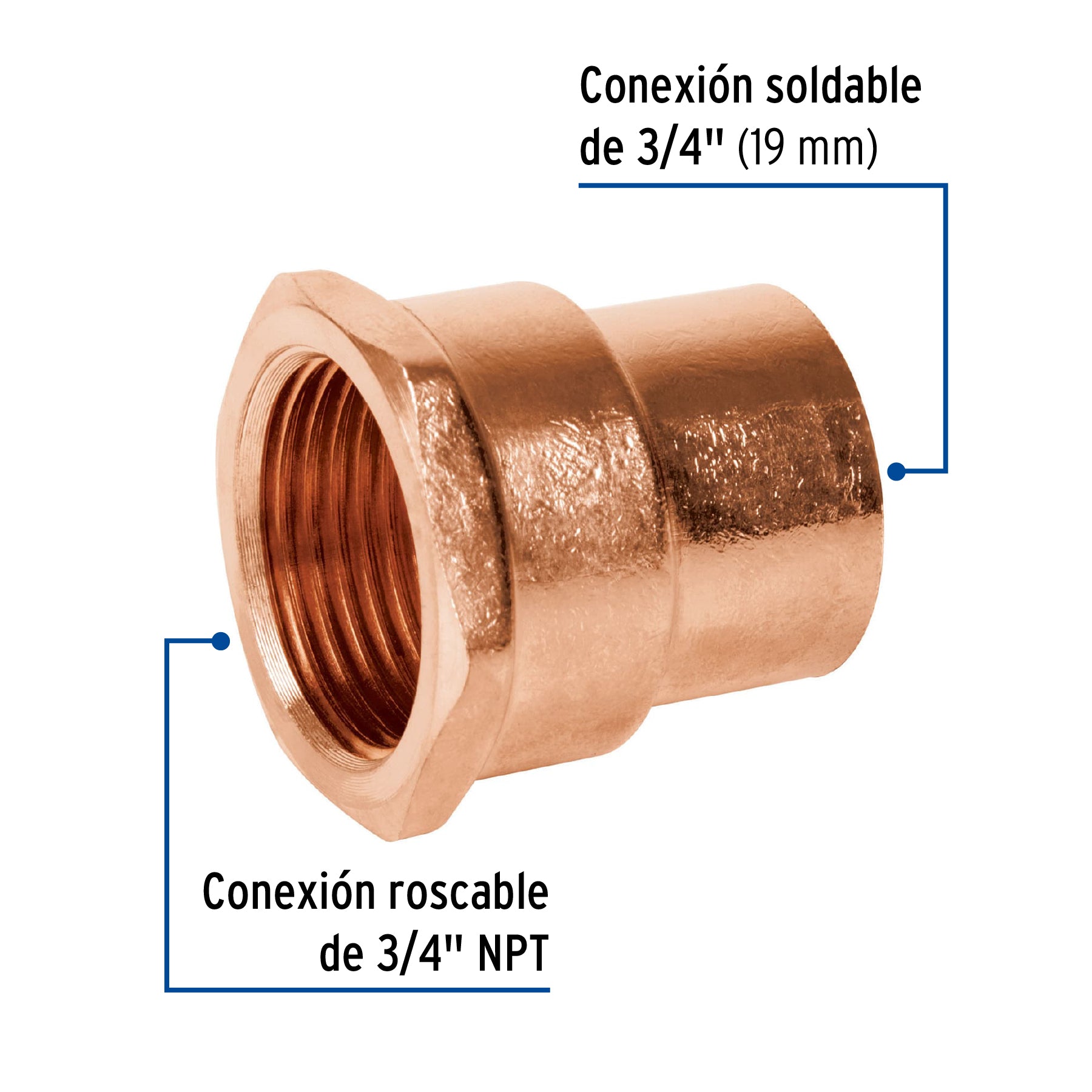 Conector de cobre, rosca interior 3/4", FOSET