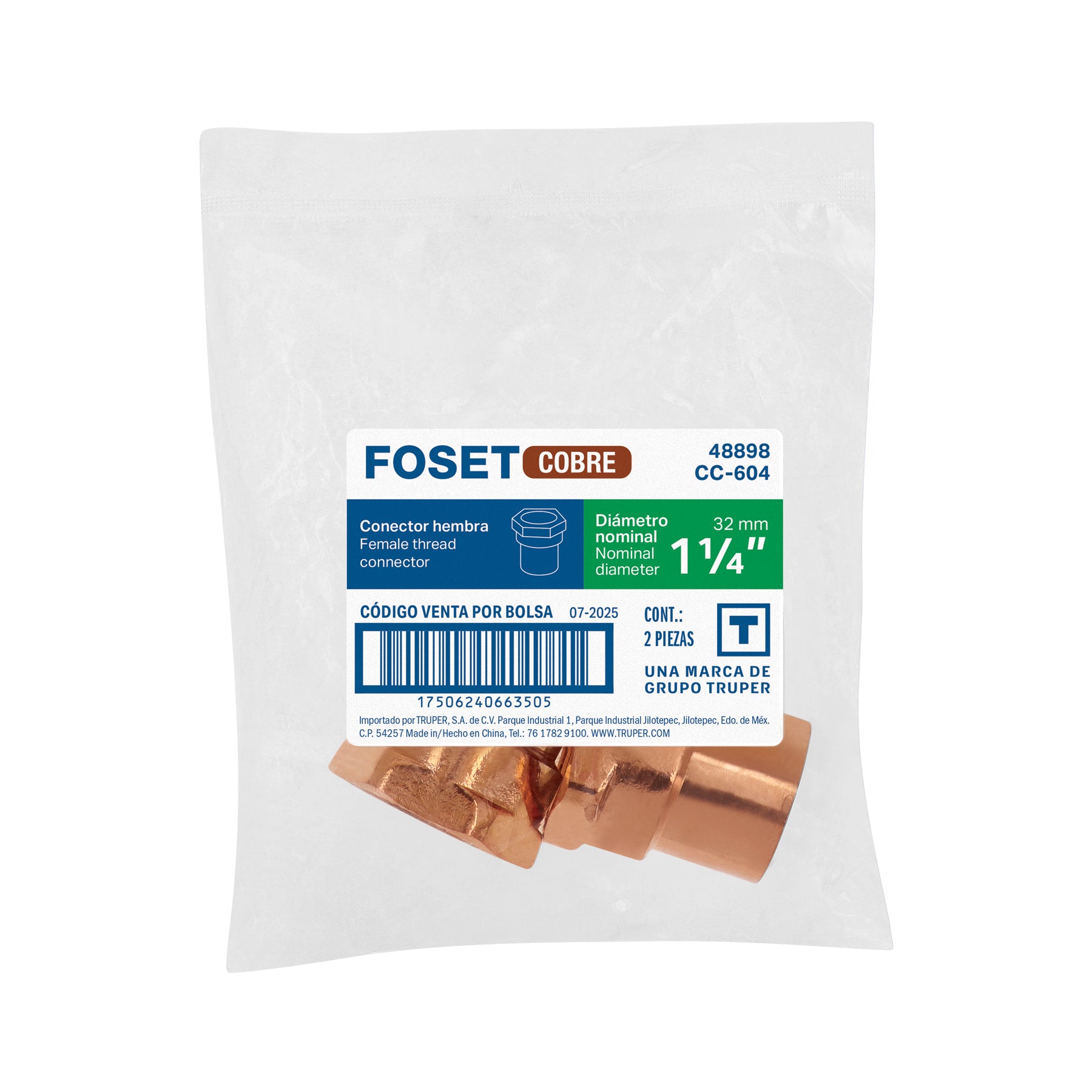 Conector de cobre, rosca interior 1-1/4", FOSET