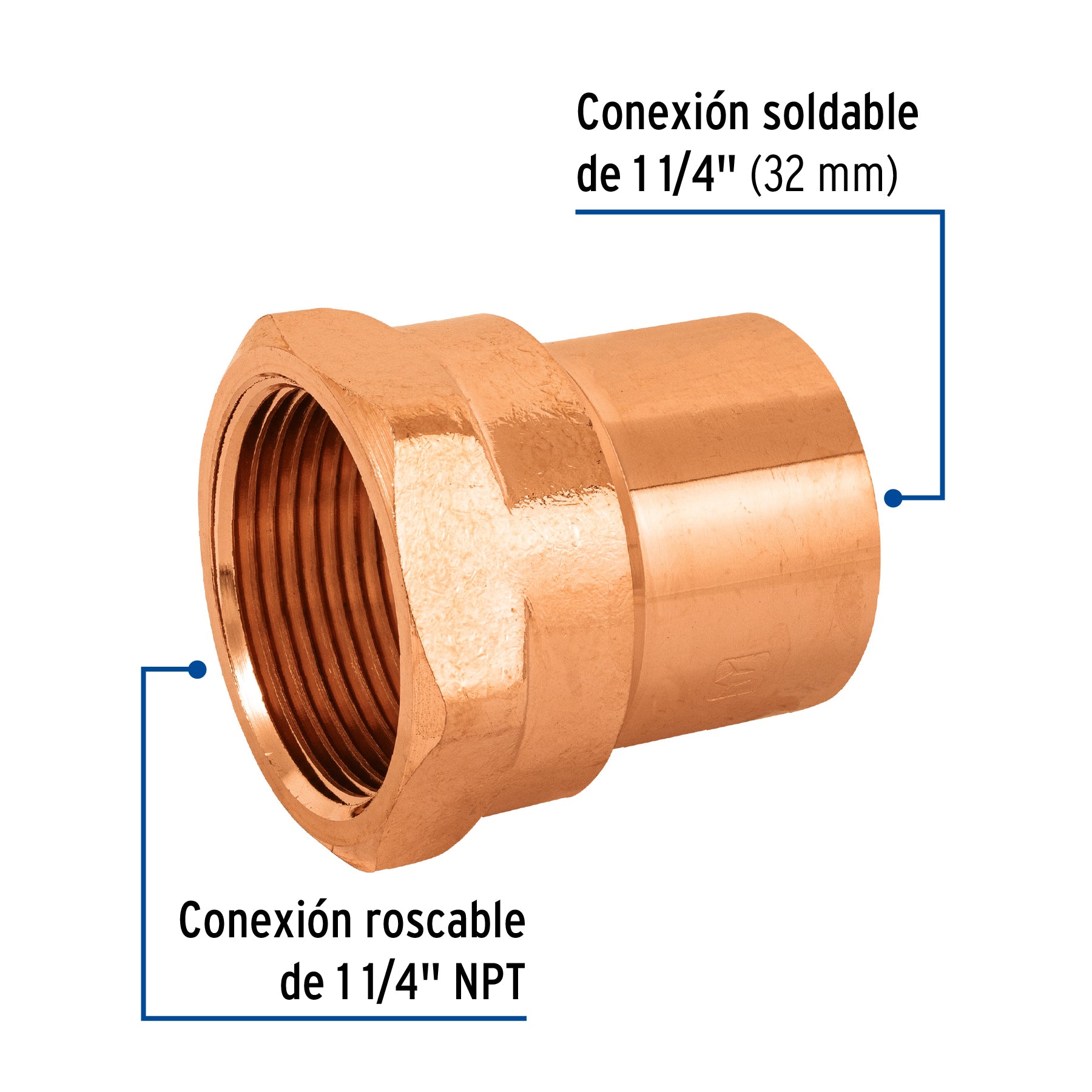 Conector de cobre, rosca interior 1-1/4", FOSET