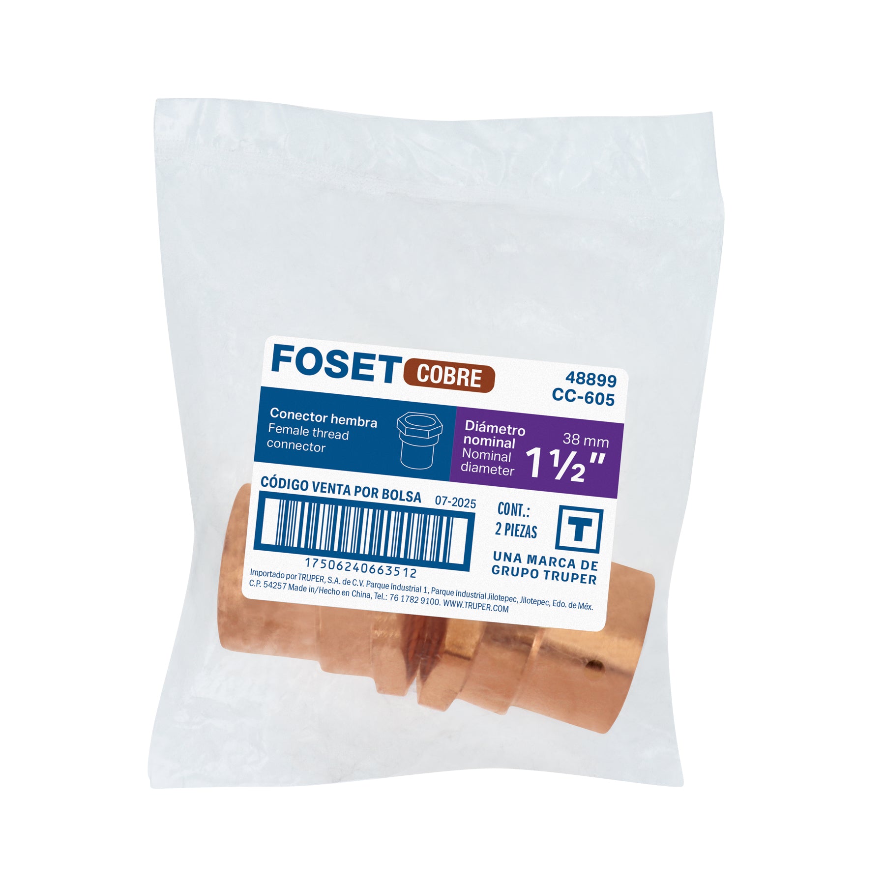 Conector de cobre, rosca interior 1-1/2", FOSET