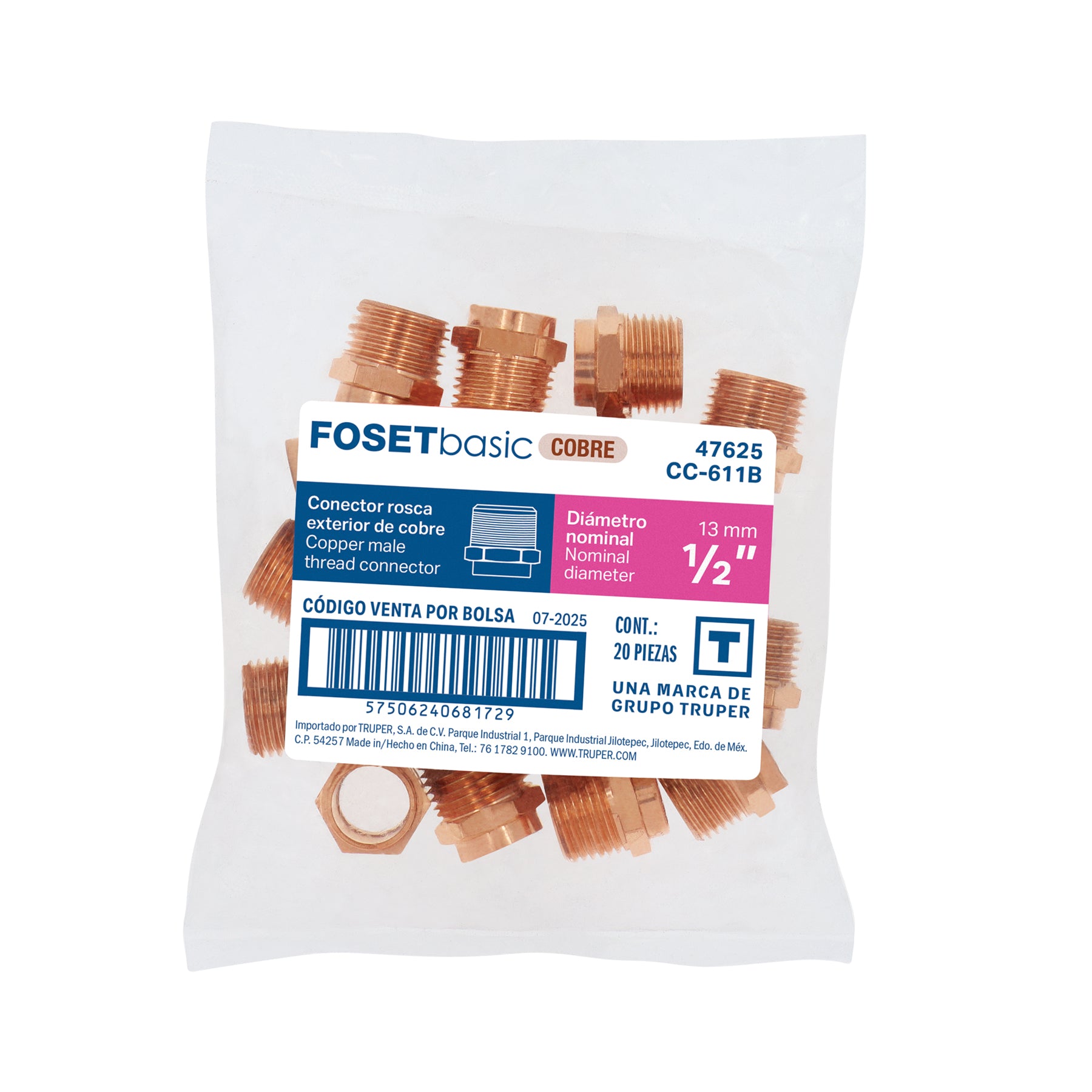 Conector de cobre de rosca exterior 1/2", FOSET BASIC