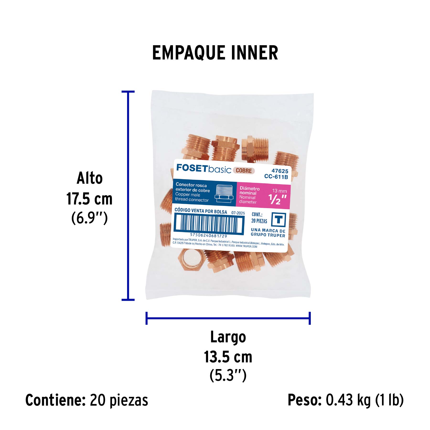 Conector de cobre de rosca exterior 1/2", FOSET BASIC - Empaque