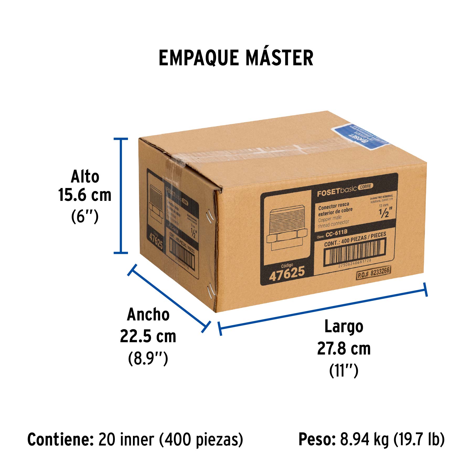 Conector de cobre de rosca exterior 1/2", FOSET BASIC - Empaque