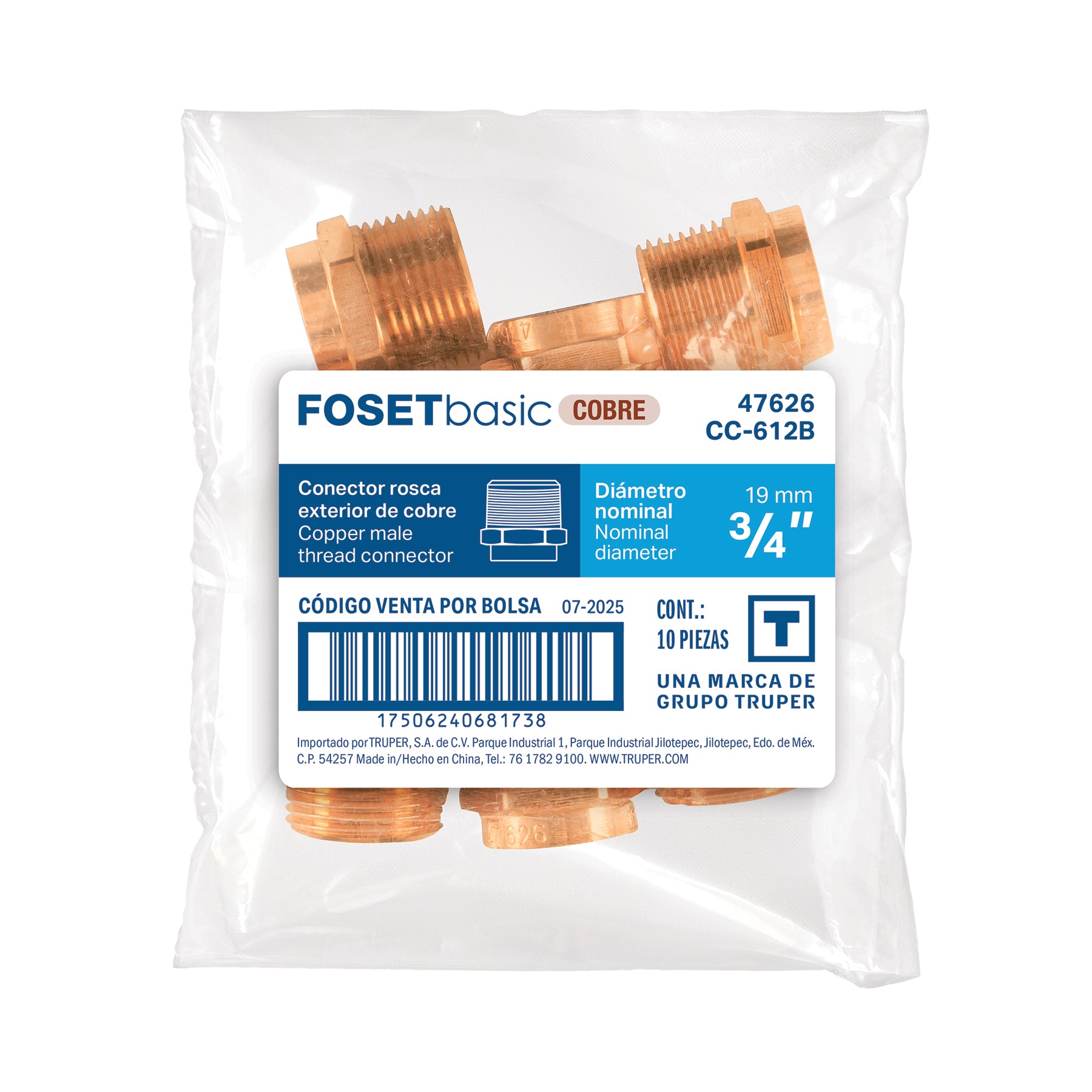 Conector de cobre de rosca exterior 3/4", FOSET BASIC