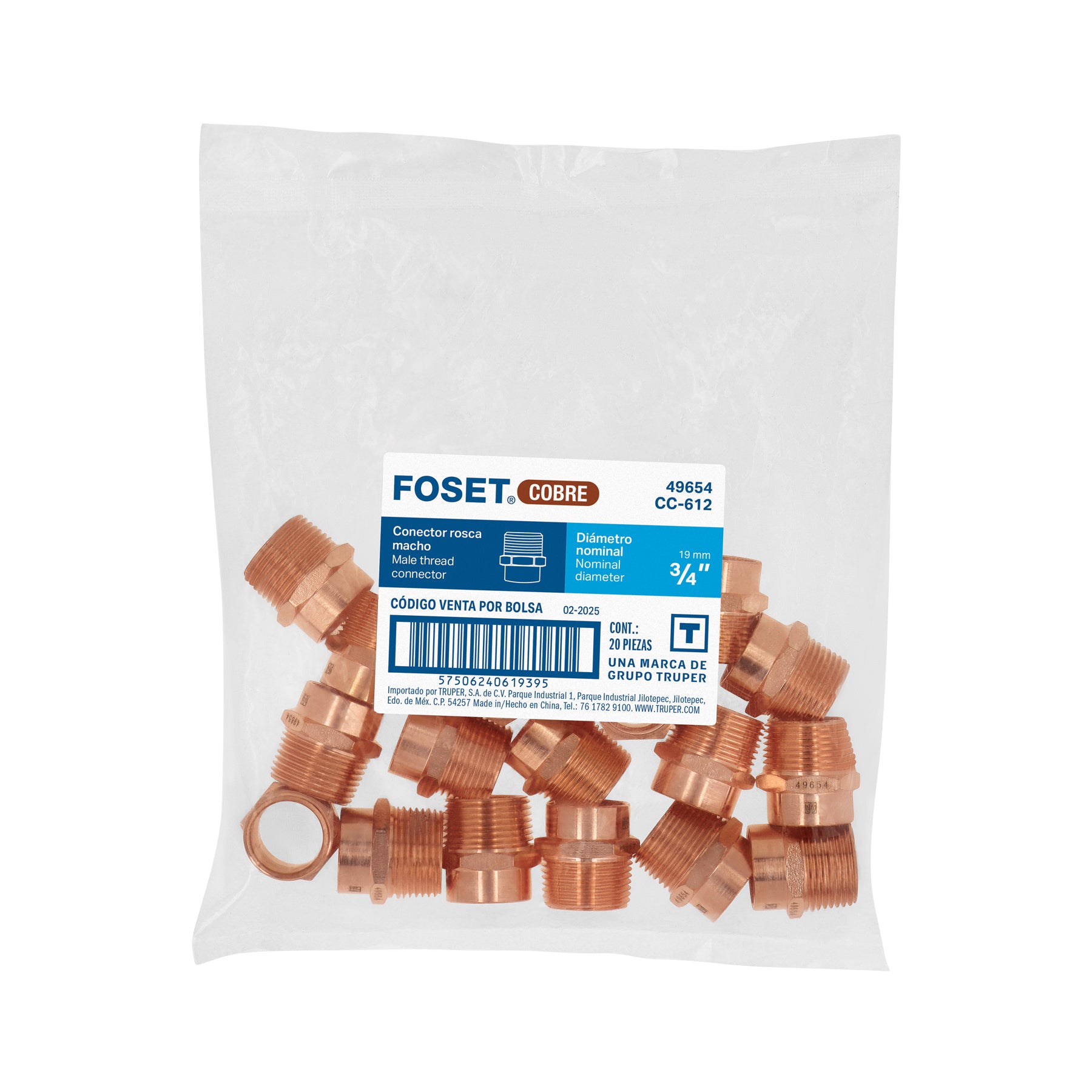 Conector de cobre, rosca exterior 3/4", FOSET