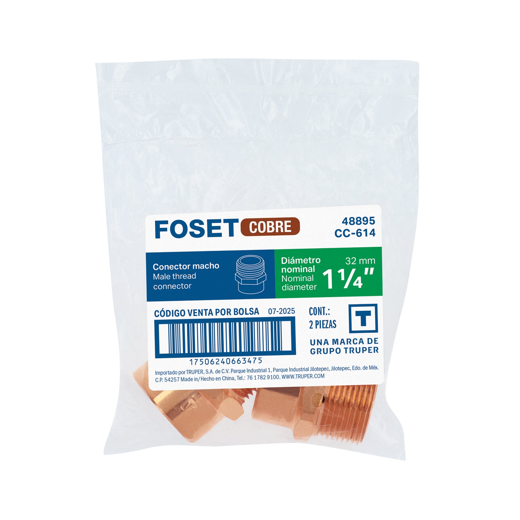 Conector de cobre, rosca exterior 1-1/4", FOSET