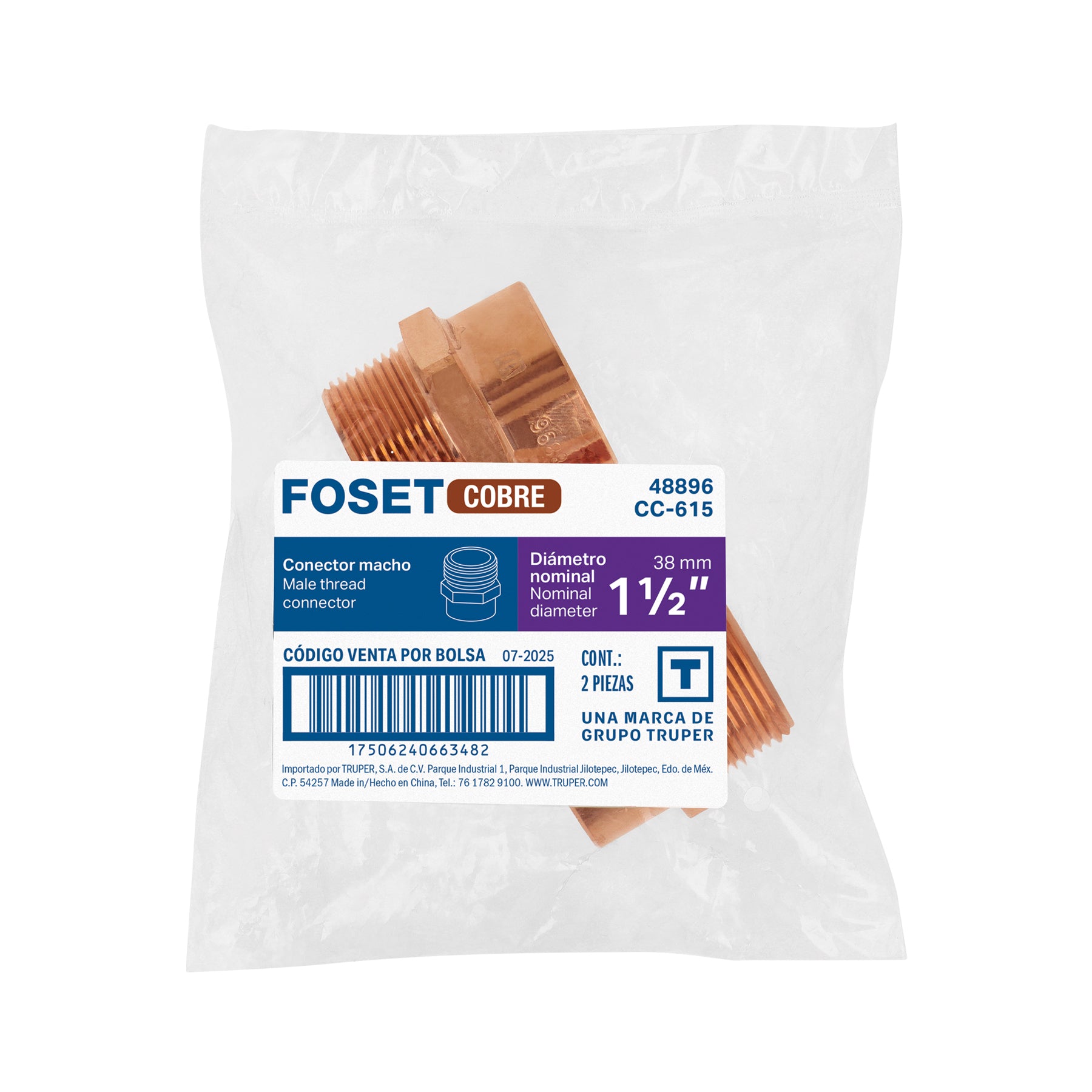 Conector de cobre, rosca exterior 1-1/2", FOSET