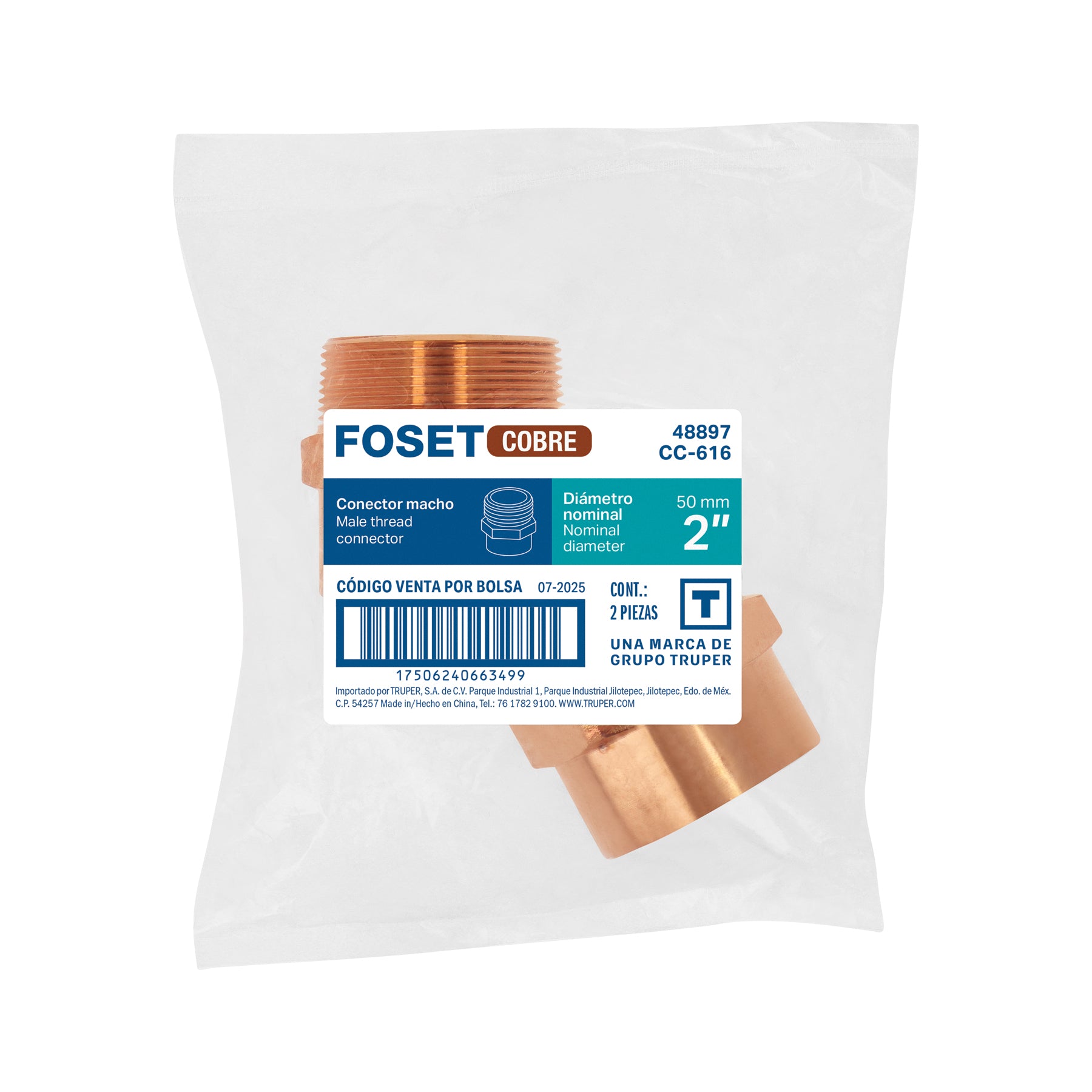 Conector de cobre, rosca exterior 2", FOSET
