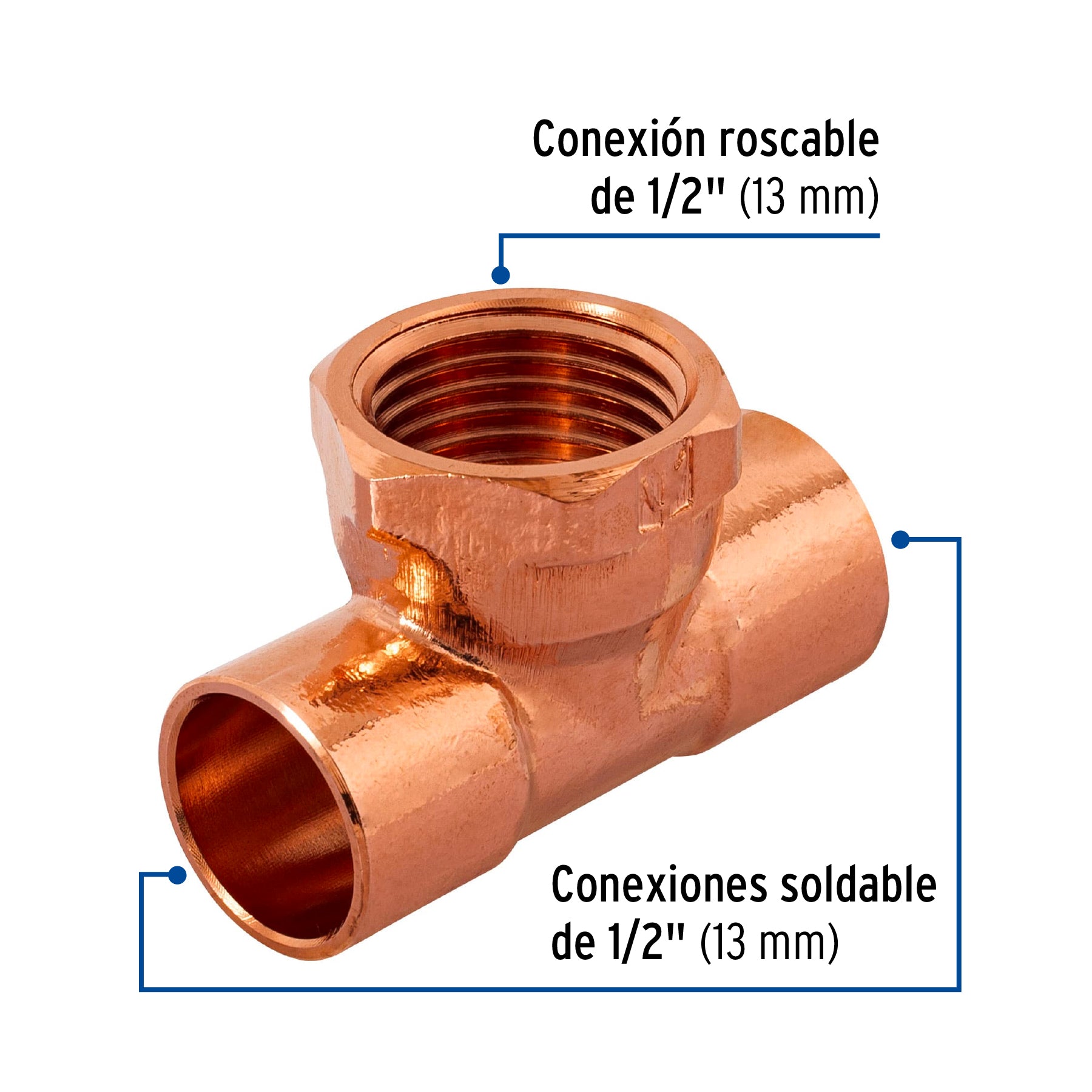 Tee de cobre rosca interior central 1/2", FOSET
