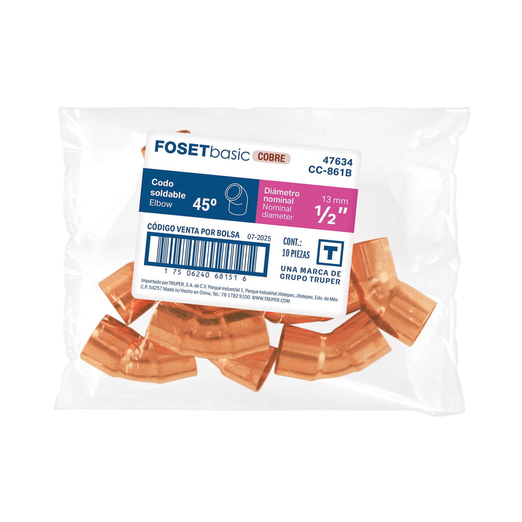 Codo 45° de cobre 1/2", FOSET BASIC