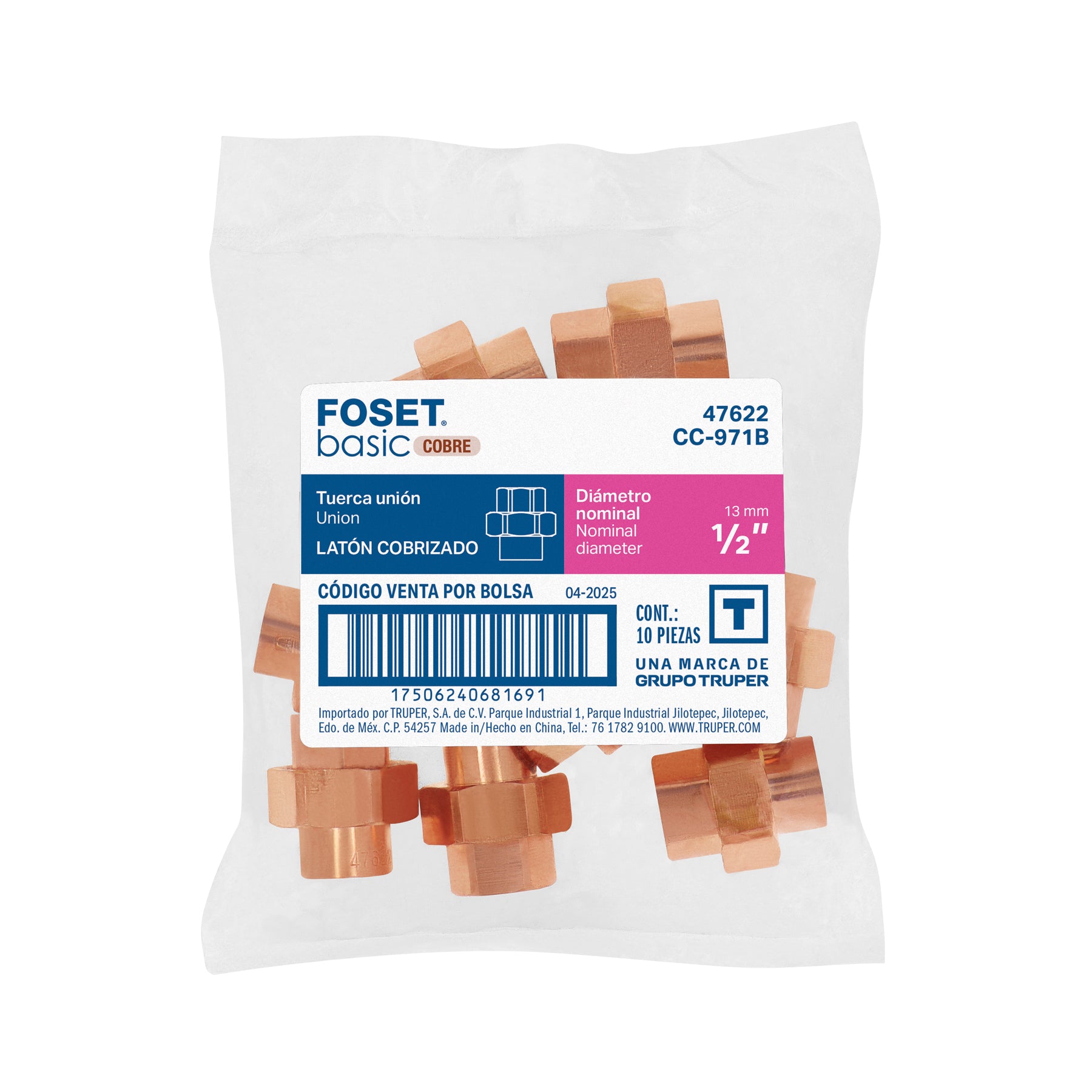 Tuerca unión de cobre de 1/2", FOSET BASIC