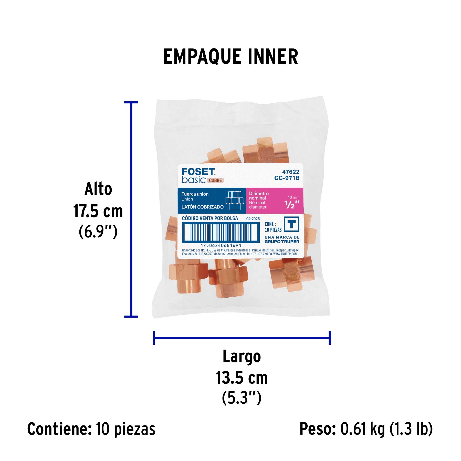 Tuerca unión de cobre de 1/2", FOSET BASIC - Empaque