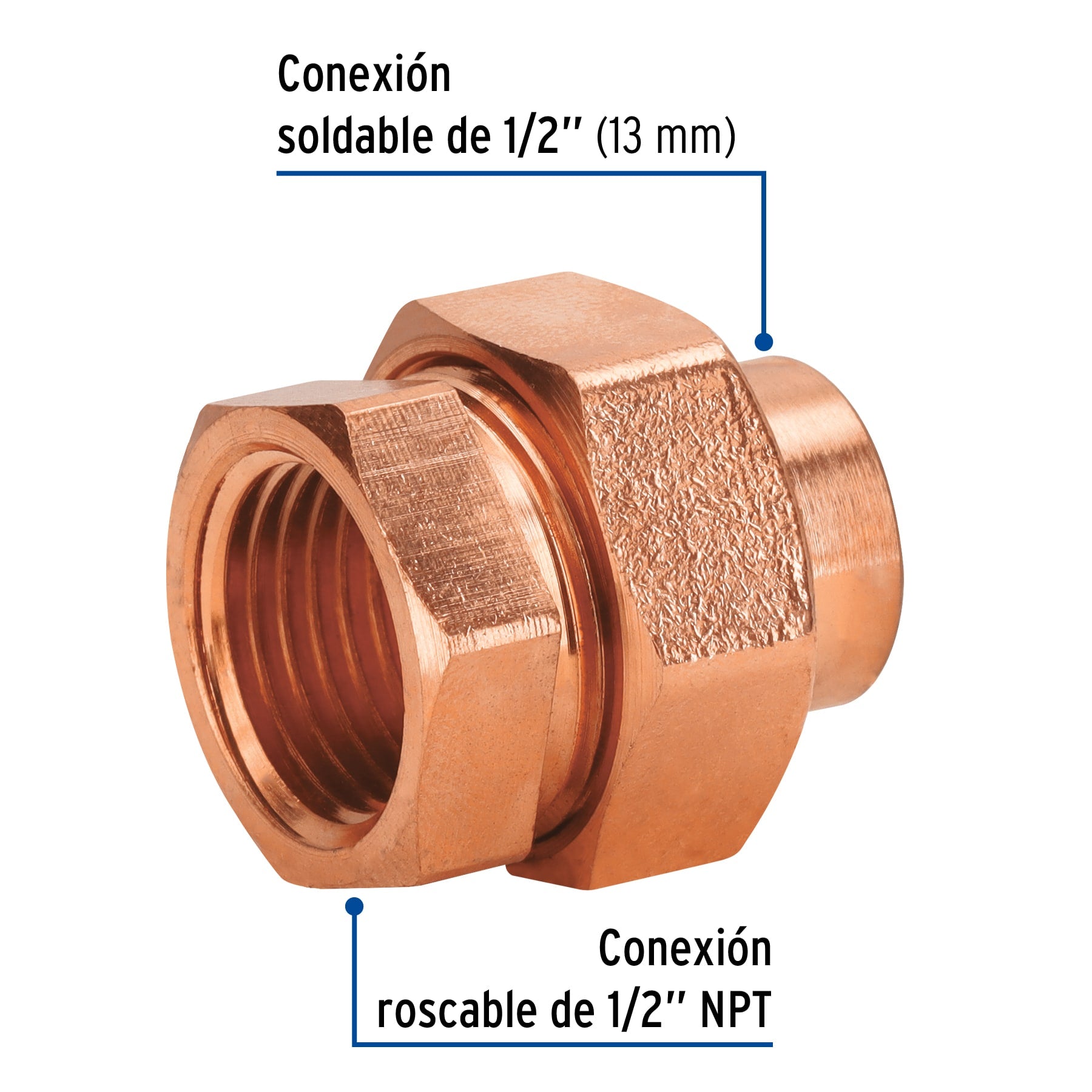 Tuerca unión latón cobrizado 1/2" rosca interior, FOSET