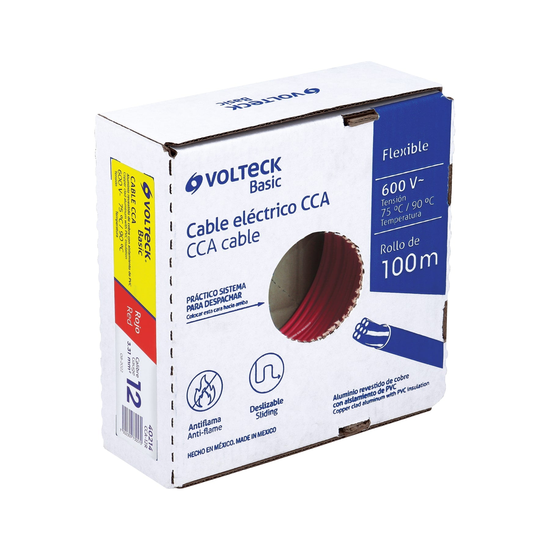 Rollo de 100 metros de cable THW CCA 12 AWG rojo, BASIC