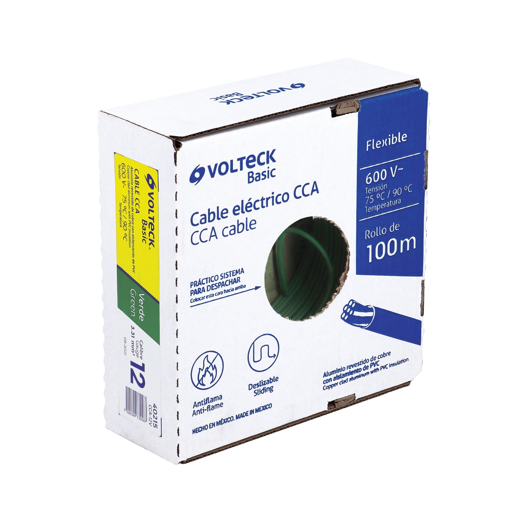Rollo de 100 metros de cable THW CCA 12 AWG verde, BASIC