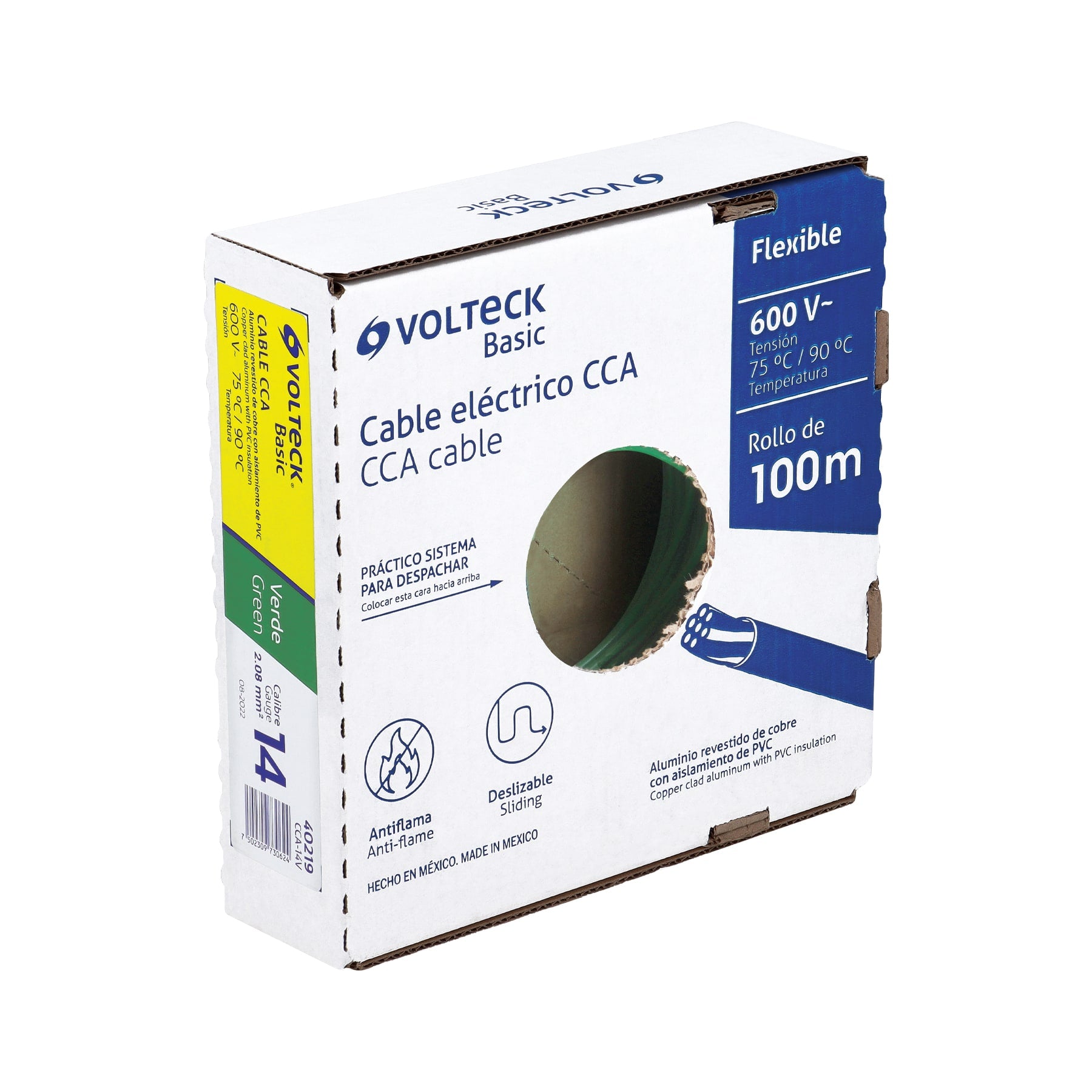 Rollo de 100 metros de cable THW CCA 14 AWG verde, BASIC