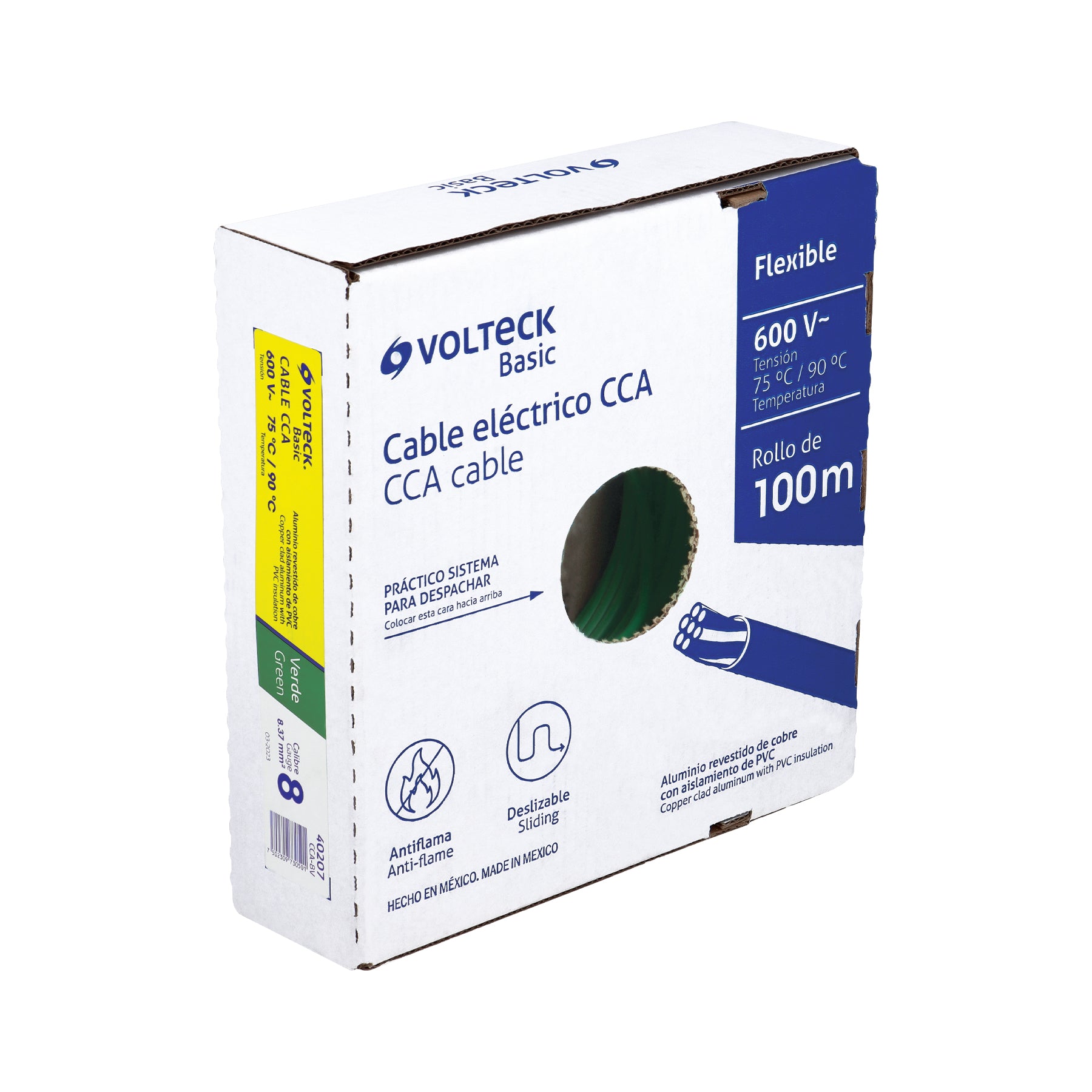 Rollo de 100 metros de cable THW CCA 8 AWG verde, BASIC