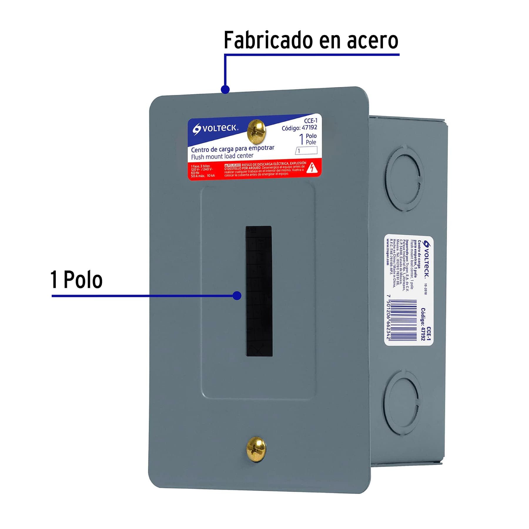 Centro de carga metálico 1 polo 50A de empotrar, VOLTECK