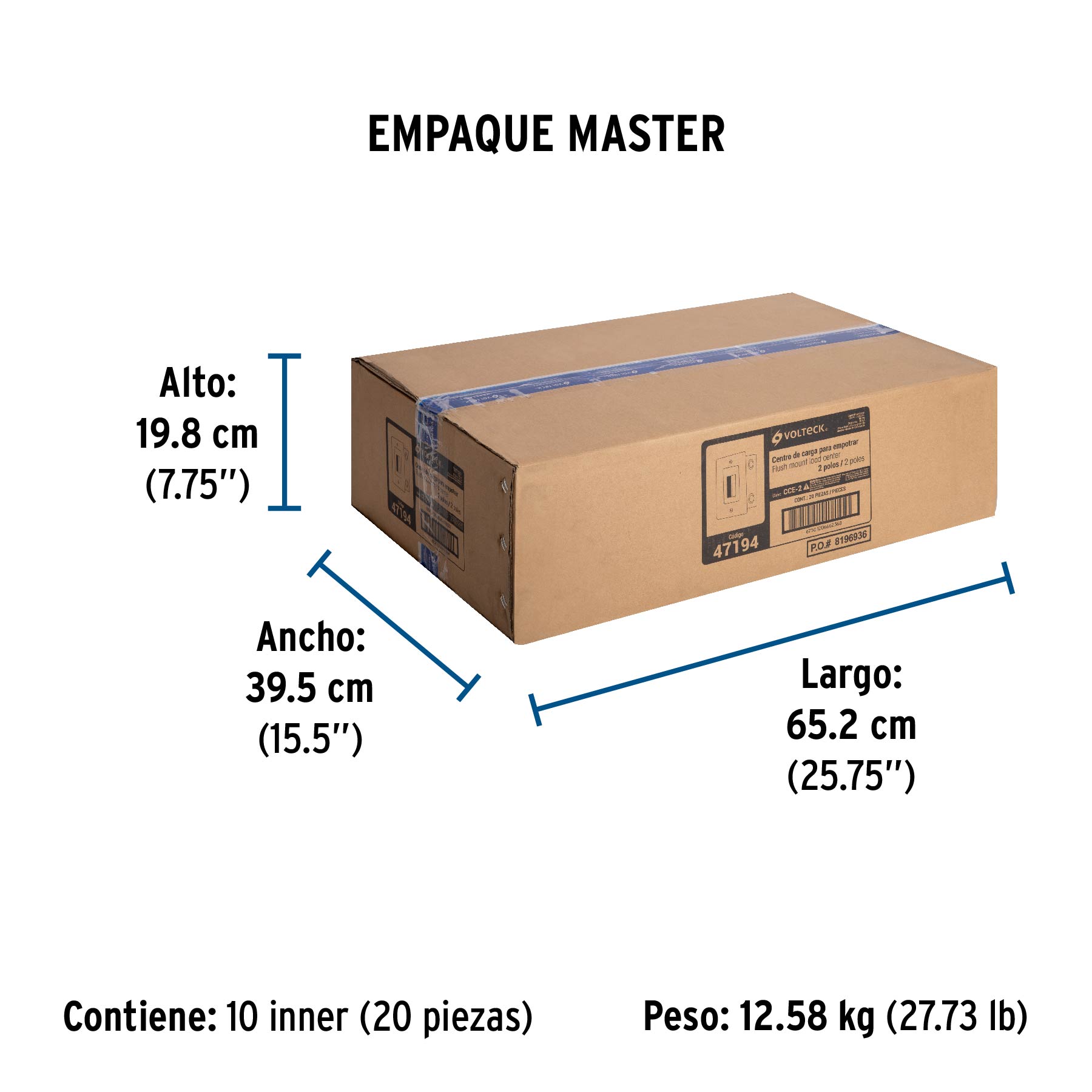 Centro de carga metálico 2 polos 50A de empotrar, VOLTECK - Empaque