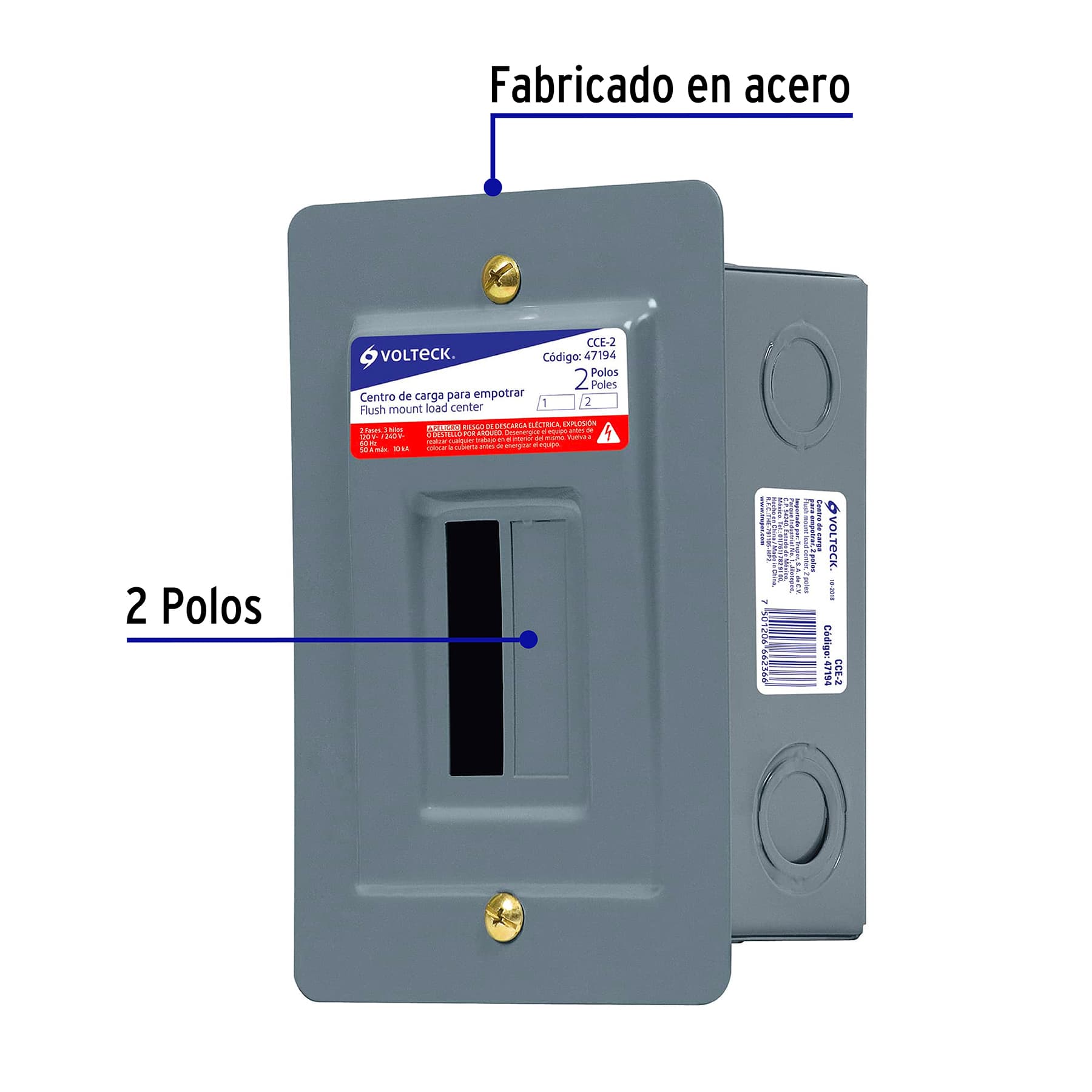 Centro de carga metálico 2 polos 50A de empotrar, VOLTECK