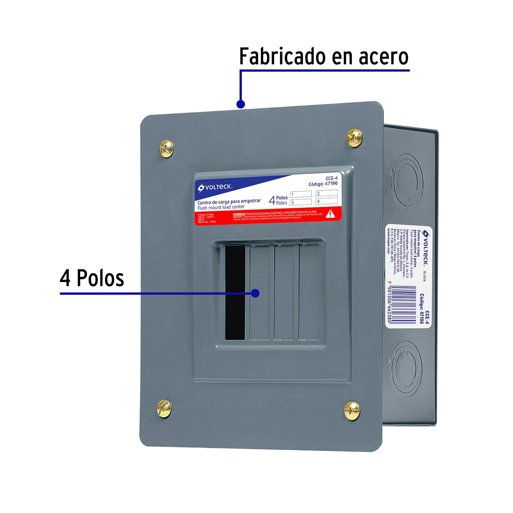 Centro de carga metálico 4 polos 50A de empotrar, VOLTECK