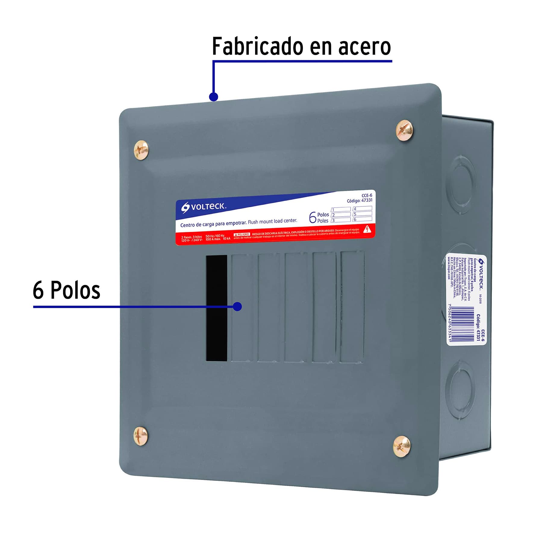 Centro de carga metálico 6 polos 100A de empotrar, VOLTECK